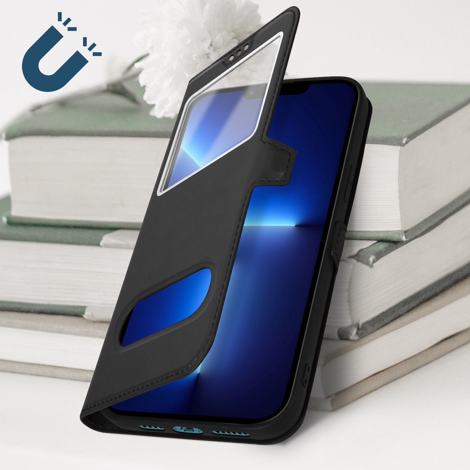Un étui de téléphone noir avec un téléphone à l'intérieur, le couvercle est ouvert, révélant l'écran.