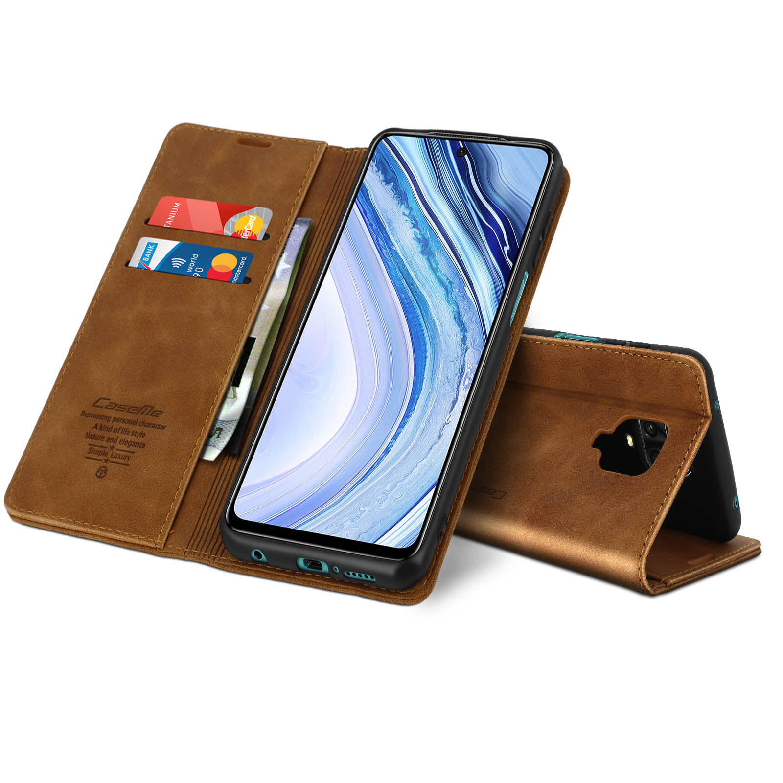 Custodia per telefono in pelle marrone, aperta, che rivela carte e contanti, con un telefono all'interno.