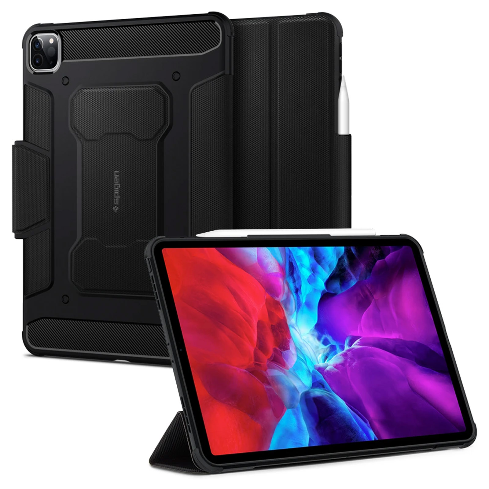 Custodia nera per iPad con supporto e stilo bianco. Lo schermo mostra un'immagine colorata. Una seconda custodia sullo sfondo.