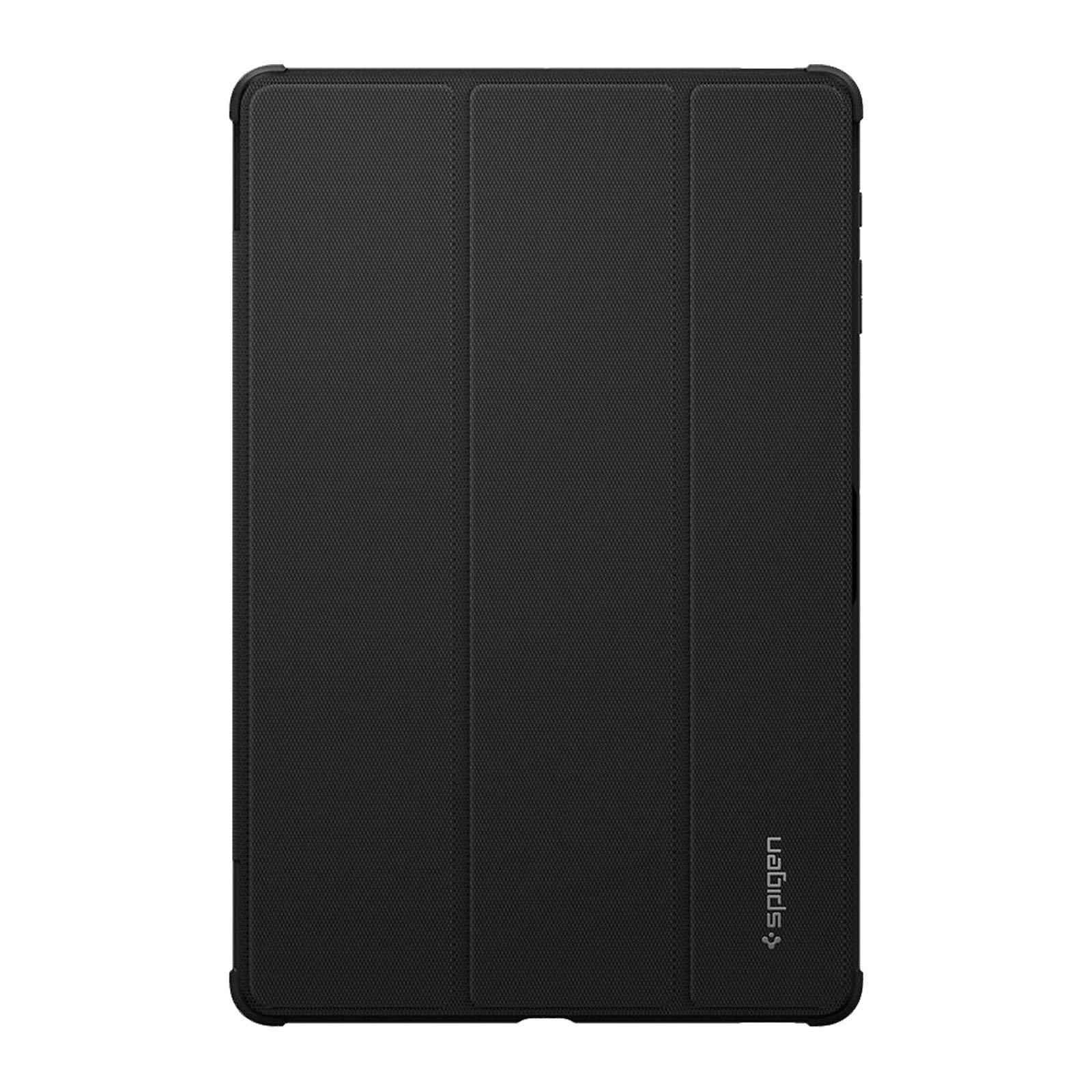 Custodia per tablet nera strutturata, chiusa, su sfondo bianco.