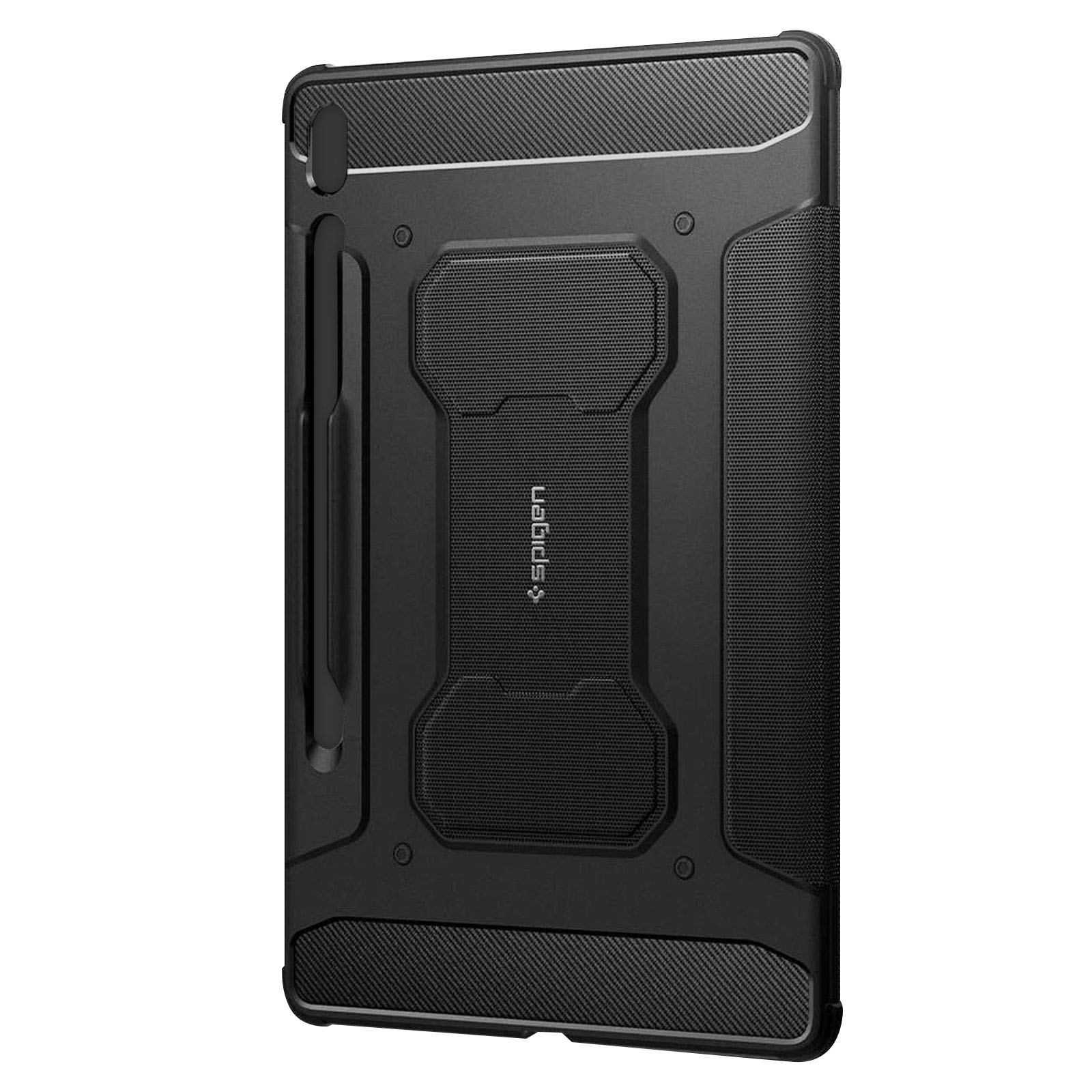 Custodia per tablet nera con design robusto, supporto per stilo e texture in fibra di carbonio. Sfondo bianco.