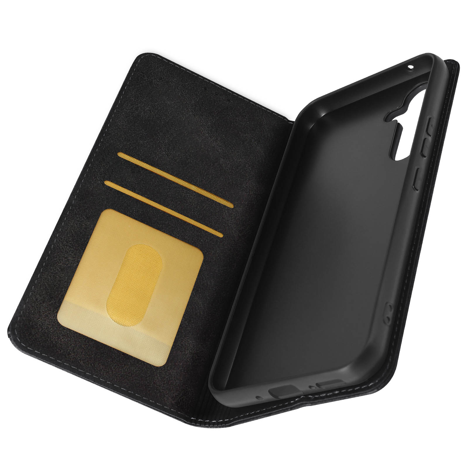 Custodia per telefono aperta. L'interno mostra fessure per carte e un supporto per telefono nero.