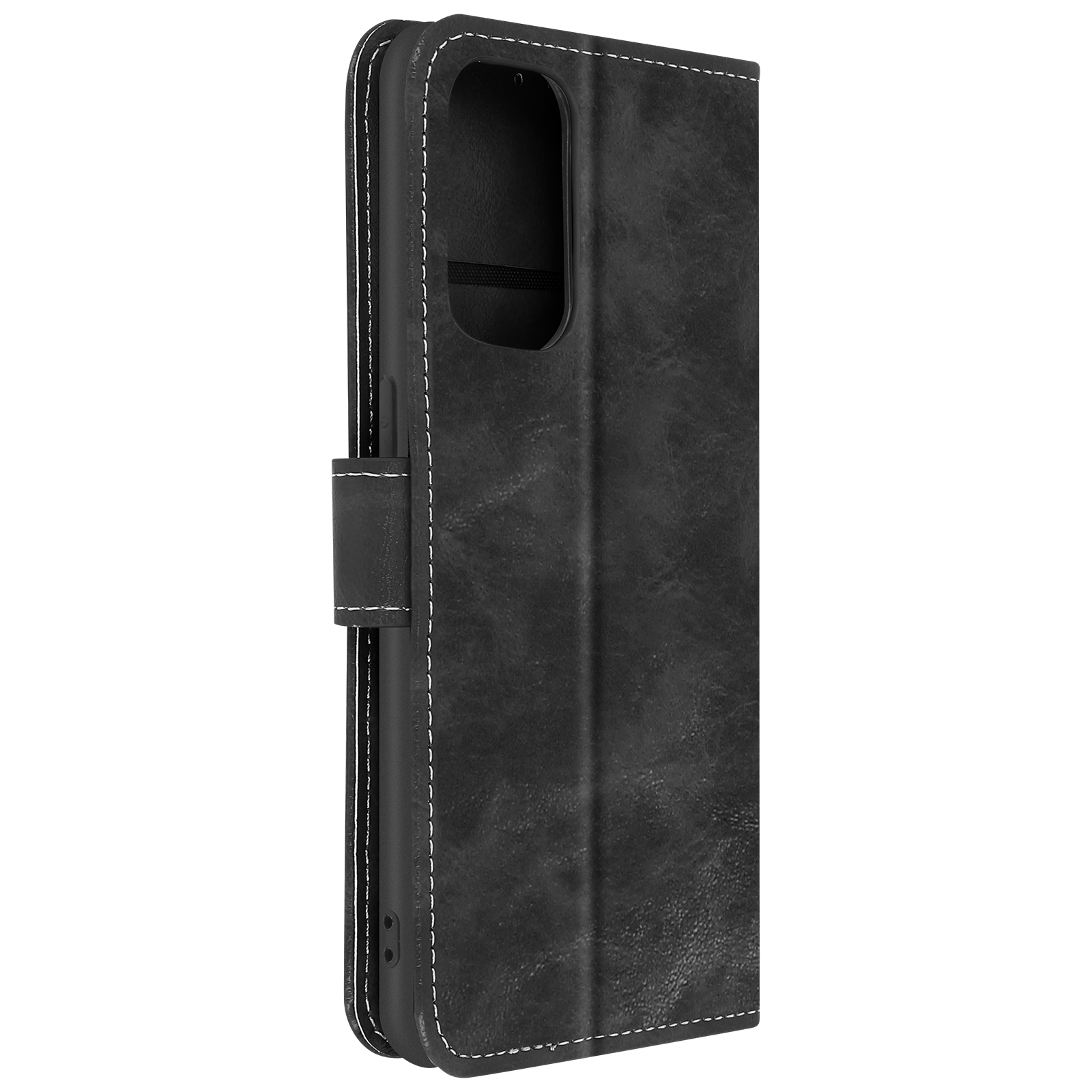Étui de téléphone en cuir noir, coutures blanches. L'étui est fermé, vue en angle.