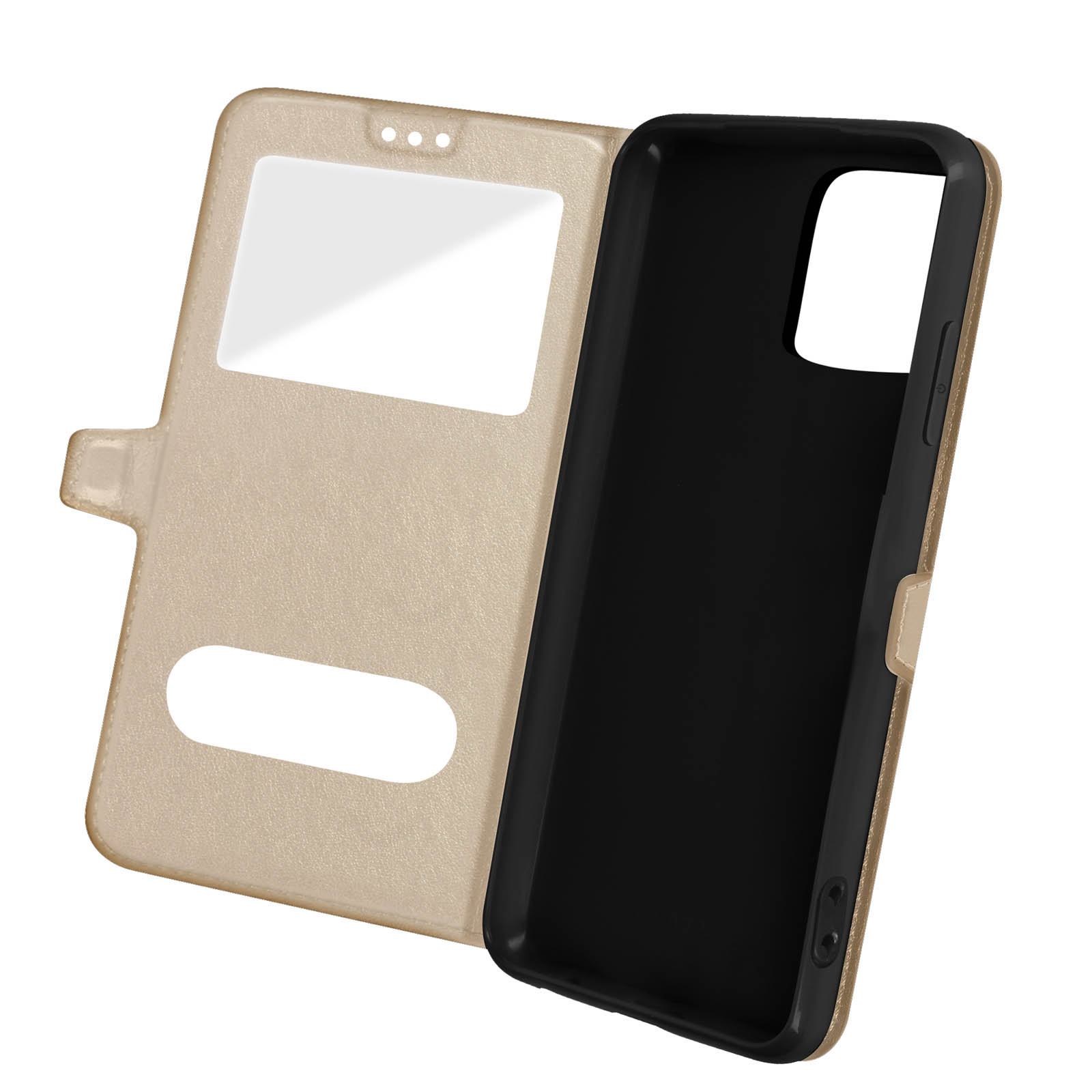 Custodia dorata per telefono, aperta. La custodia ha una finestra e un interno nero.