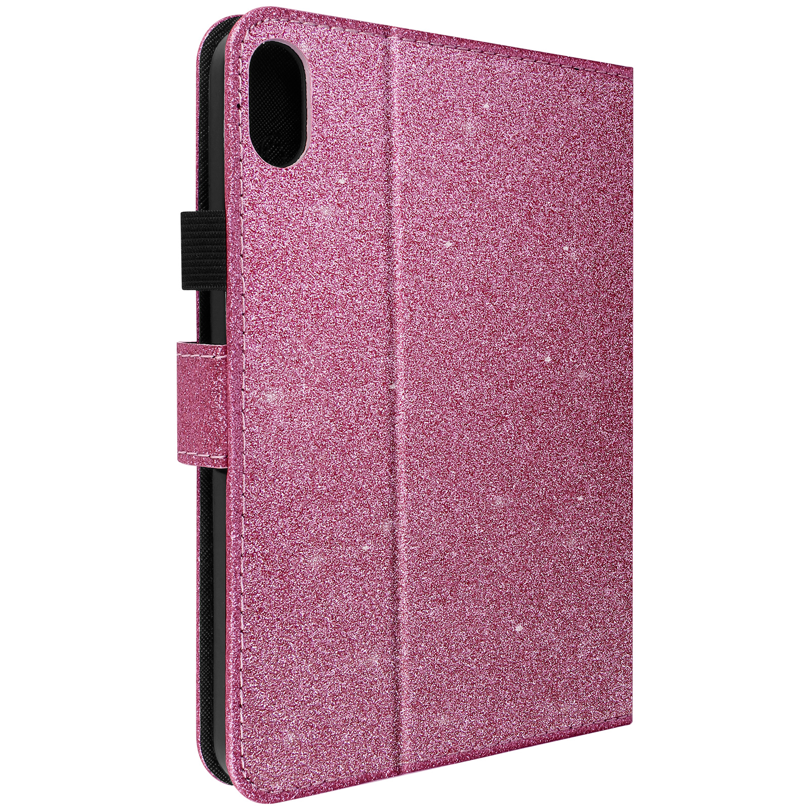 Custodia per tablet rosa glitterata con chiusura magnetica e cinturino nero, vista laterale.