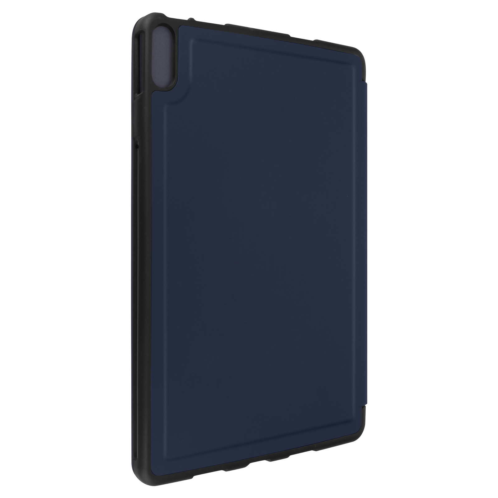 Custodia per tablet blu scuro. Ha un bordo nero.
