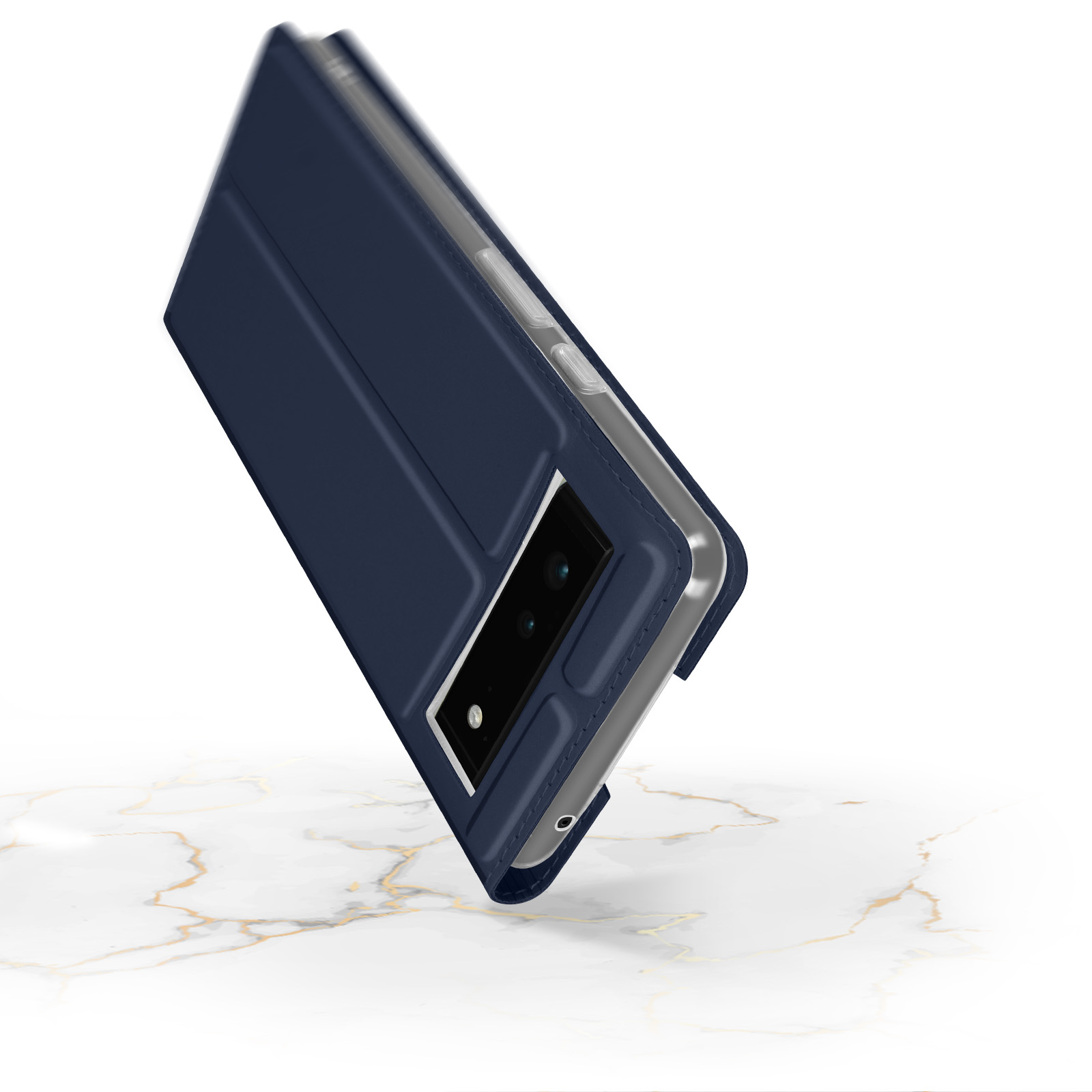 Dunkelblaue Handyhülle hochgeklappt, zeigt ein Telefon mit Dual-Kamera.