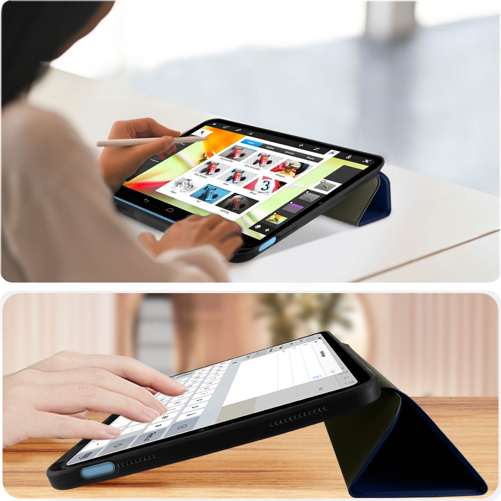 Un tablet con uno stilo viene utilizzato. Un altro tablet mostra una vista tastiera.