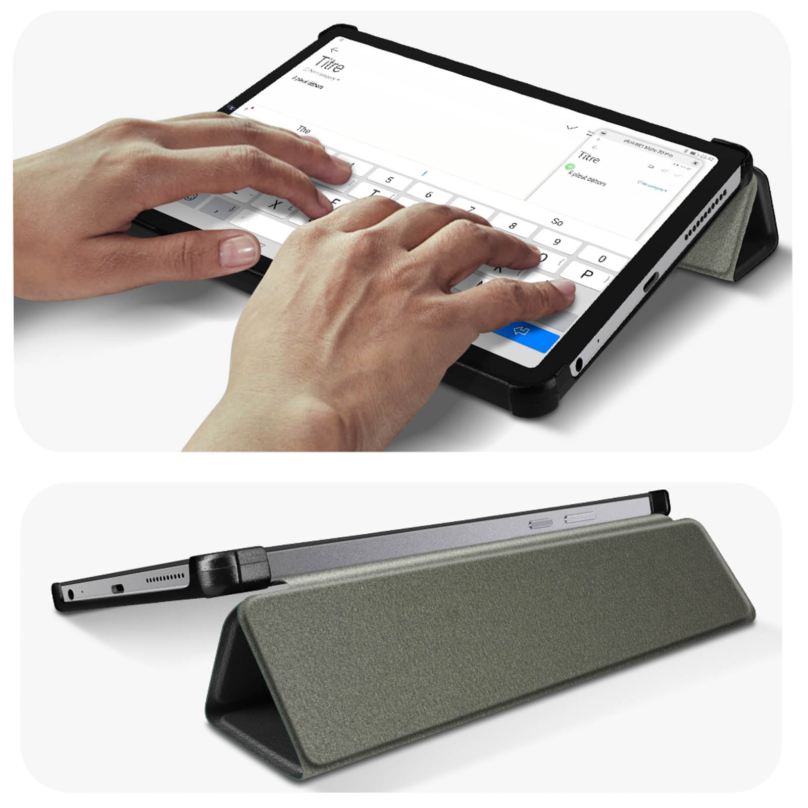 Mani che digitano su tablet con tastiera. Custodia in due posizioni, verde e nera.