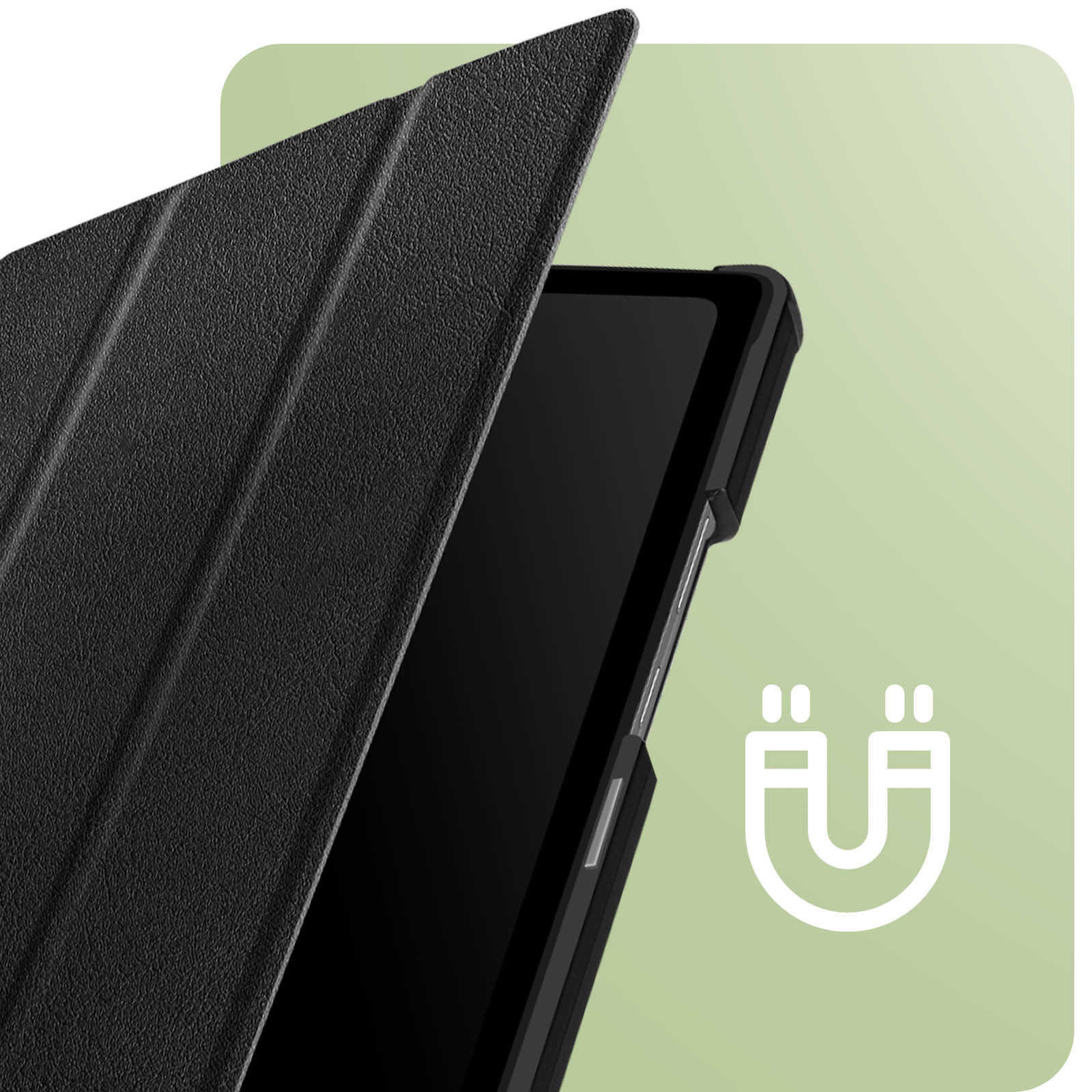 Tablet con custodia nera, simbolo del magnete e sfondo verde.