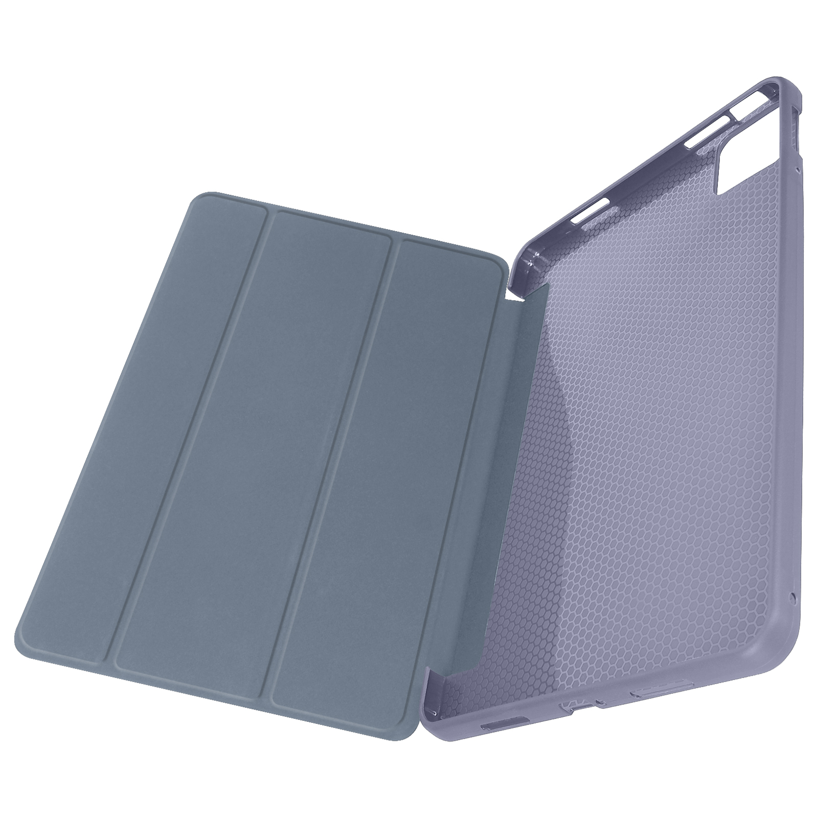 Una custodia per tablet aperta, la custodia è grigia e l'interno è lavanda con un motivo a nido d'ape.
