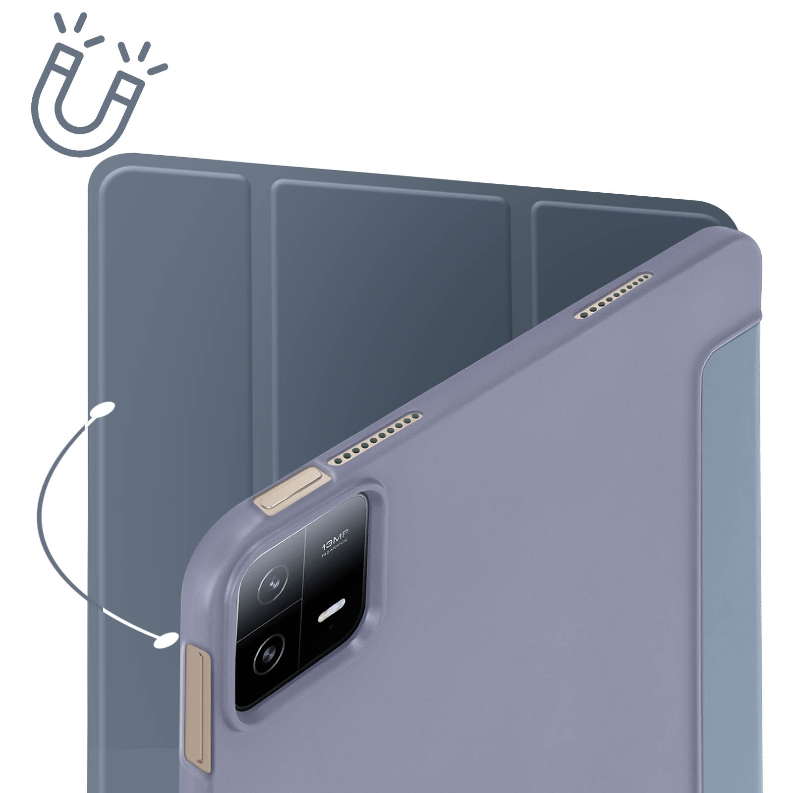 Custodia per tablet, retro viola, con fotocamera e dettaglio di connessione magnetica. Viene mostrato un magnete.