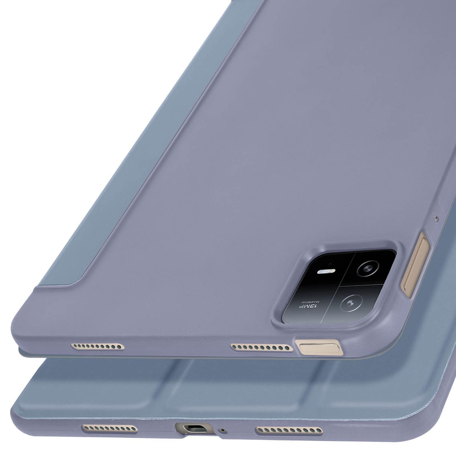 Due custodie per telefono, una grigia e una blu, parzialmente sovrapposte. La custodia superiore mostra la fotocamera.