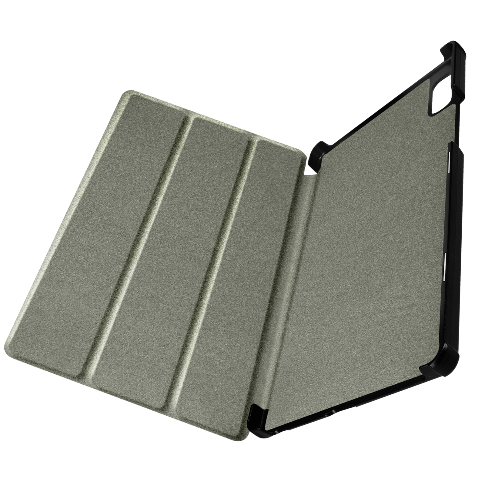 Custodia per tablet, aperta. Interno grigio, cornice nera. Cerniere nere.