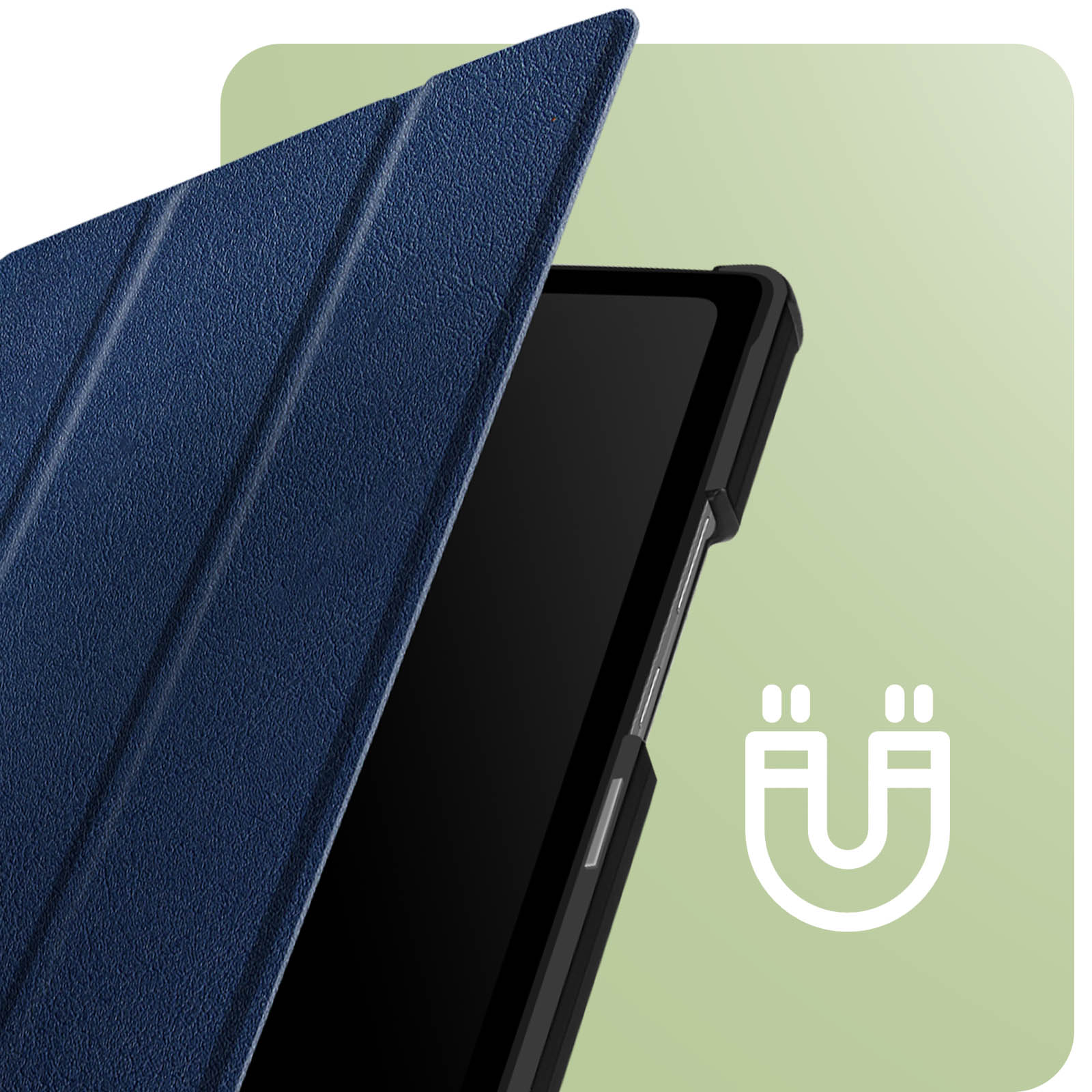 Copertura blu del tablet aperta, rivelando un tablet nero. Simbolo magnete visibile su sfondo verde.