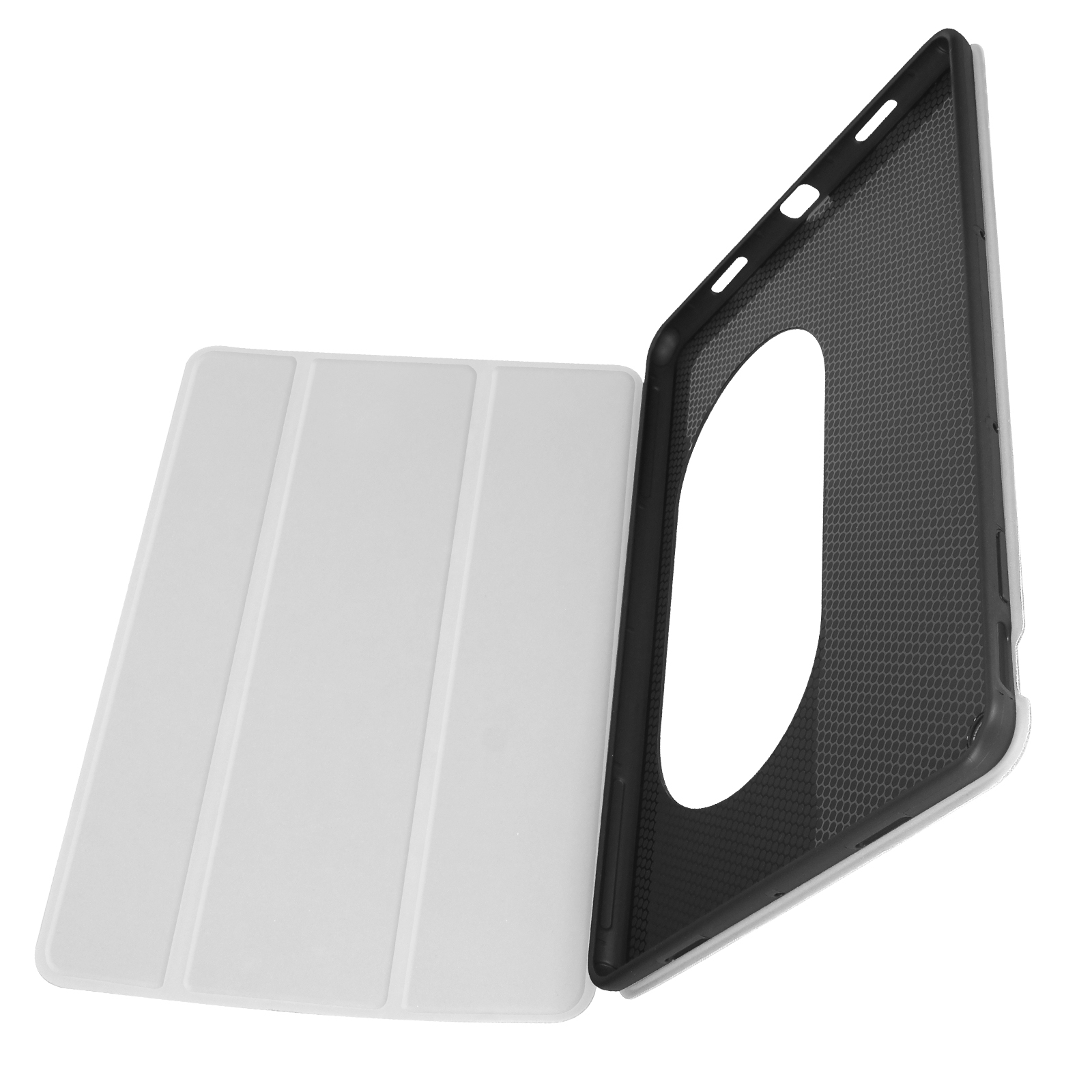 Custodia bianca per tablet aperta, che mostra una cover bianca e interno nero con motivo a nido d'ape.