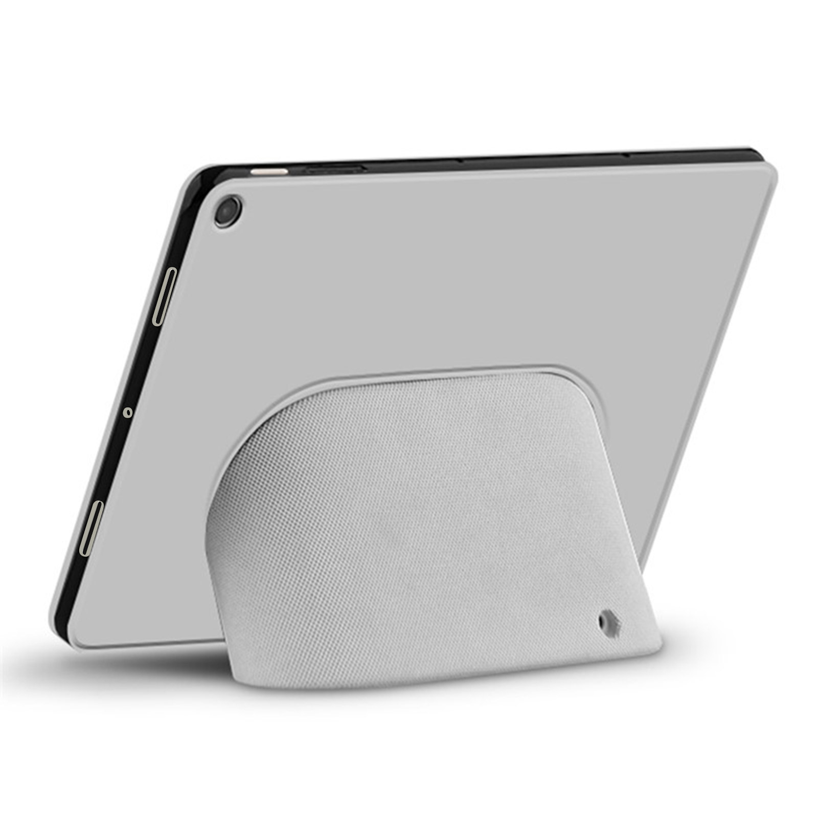 Tablet grigio con supporto, vista posteriore. Ha una fotocamera, una porta di ricarica e uno schermo nero.