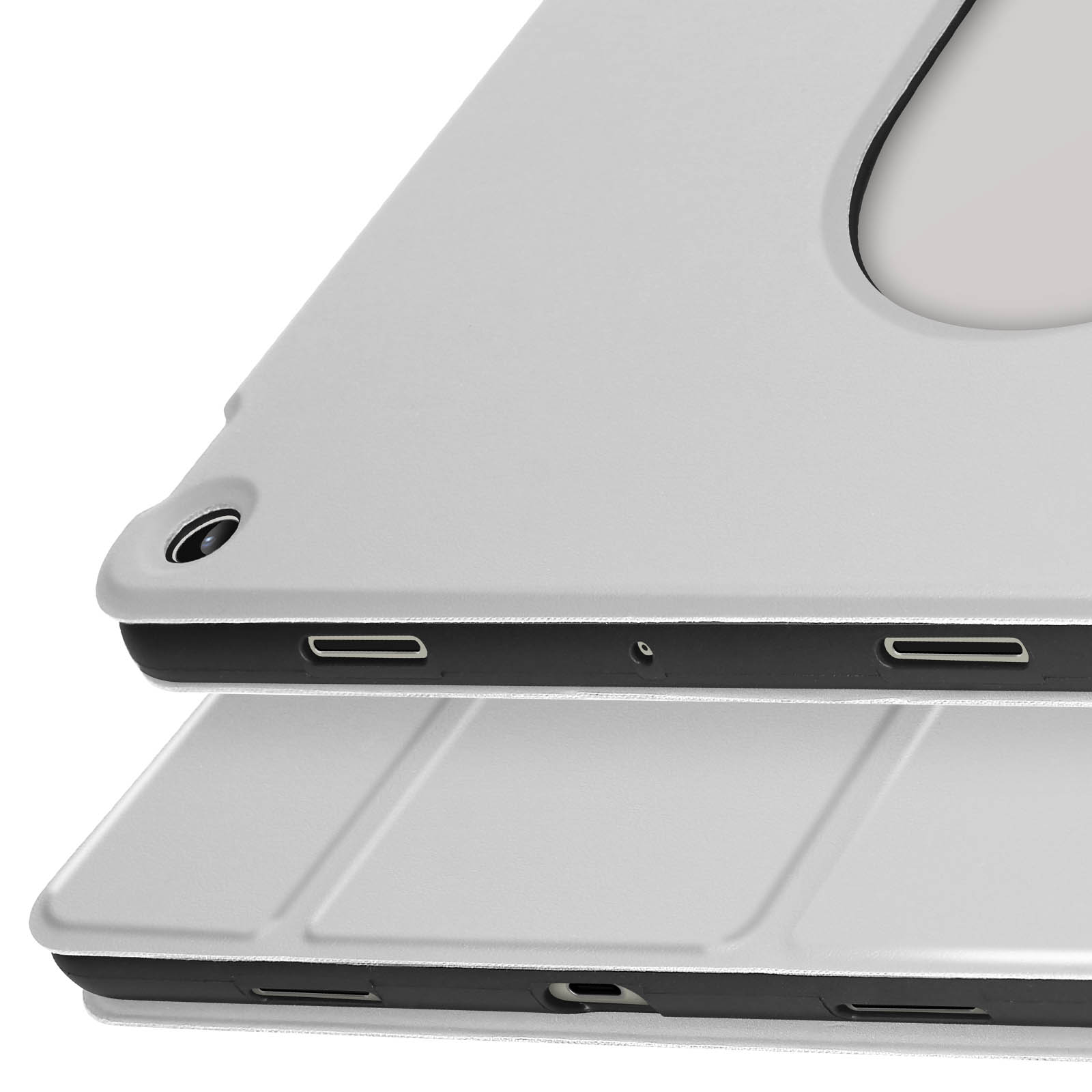 Due cover per tablet impilate, che mostrano le porte e il design. Le cover sono bianche e semplici.