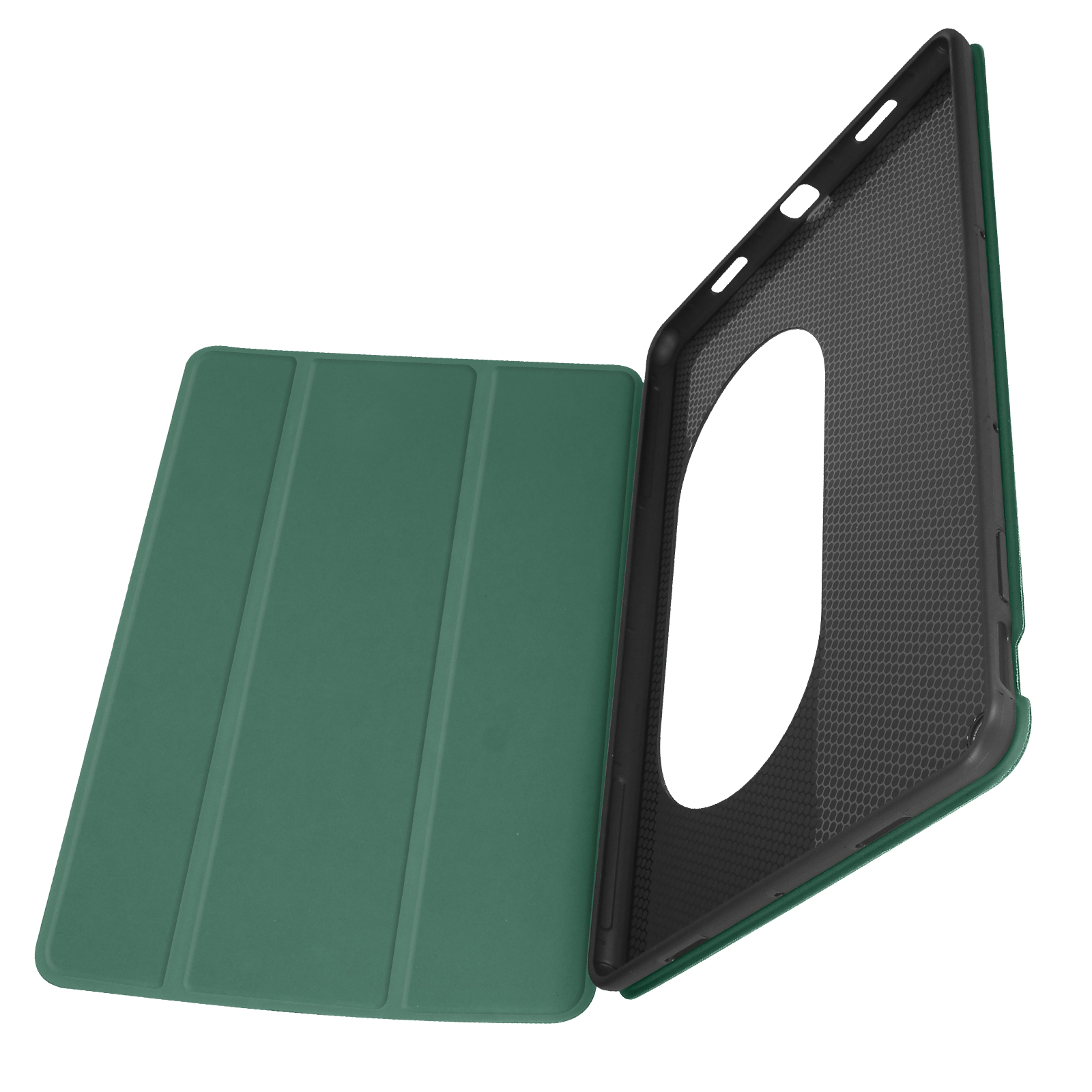 Custodia per tablet verde, aperta. Il coperchio è ripiegato, mostrando l'interno con un motivo a nido d'ape.