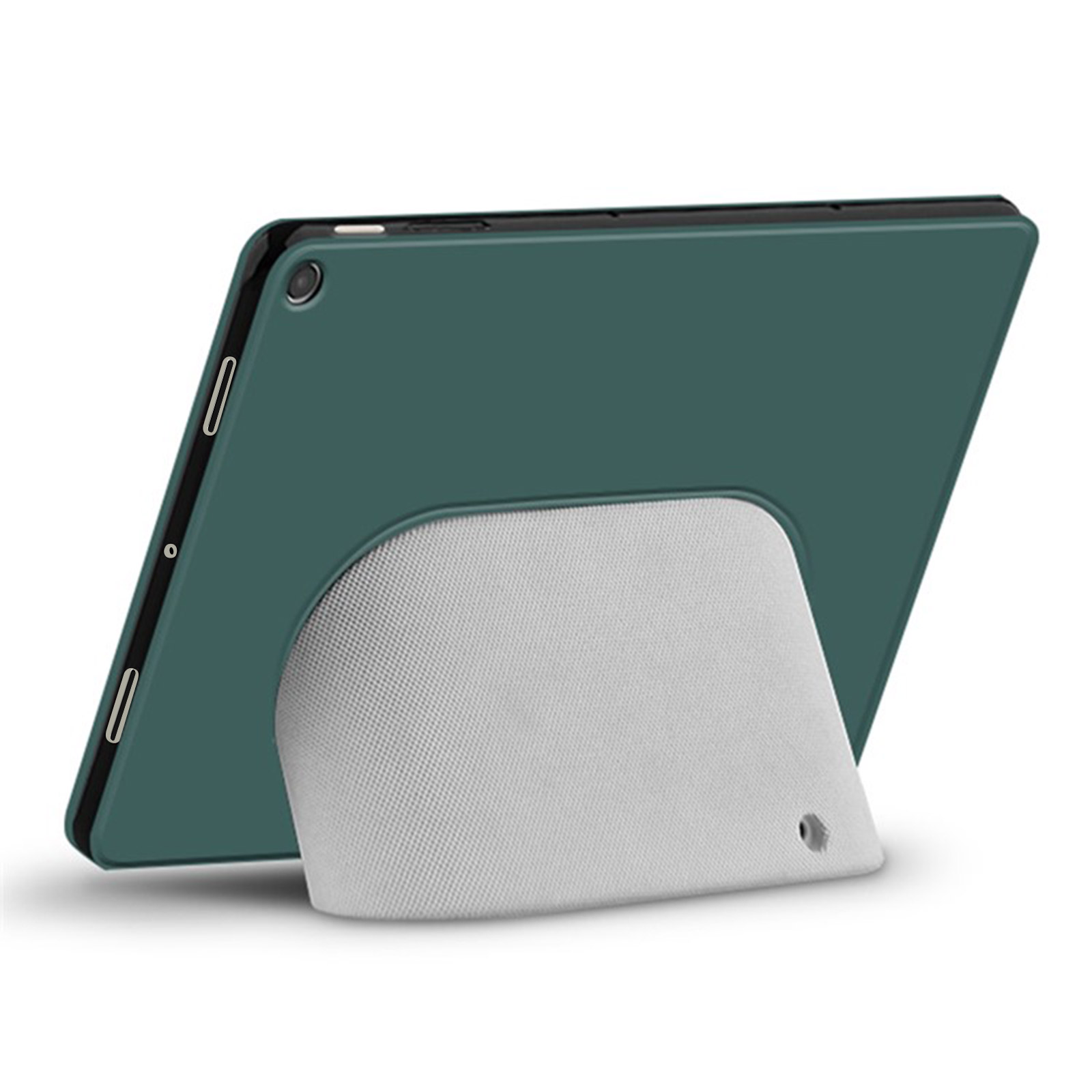 Tablet verde in un supporto. Il supporto è angolato e il tablet è visibile.