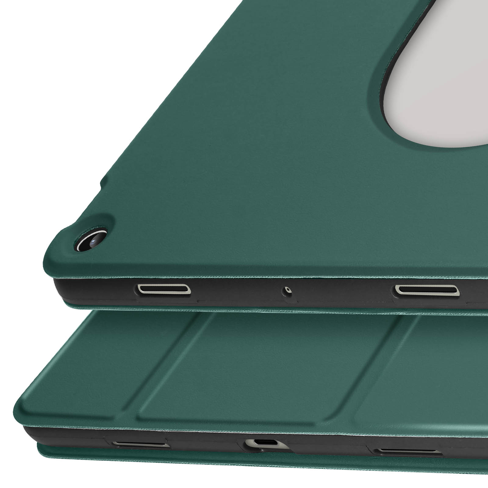 Due custodie per tablet verde scuro sono impilate. Le custodie hanno ritagli per le porte.