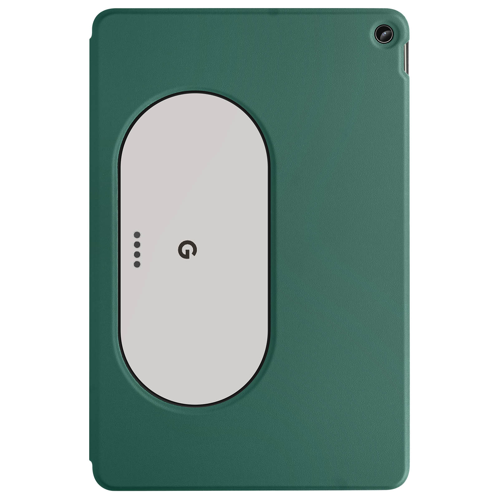 Custodia verde per tablet, con un ovale bianco. Il simbolo di accensione è sull'ovale bianco. La custodia è chiusa.