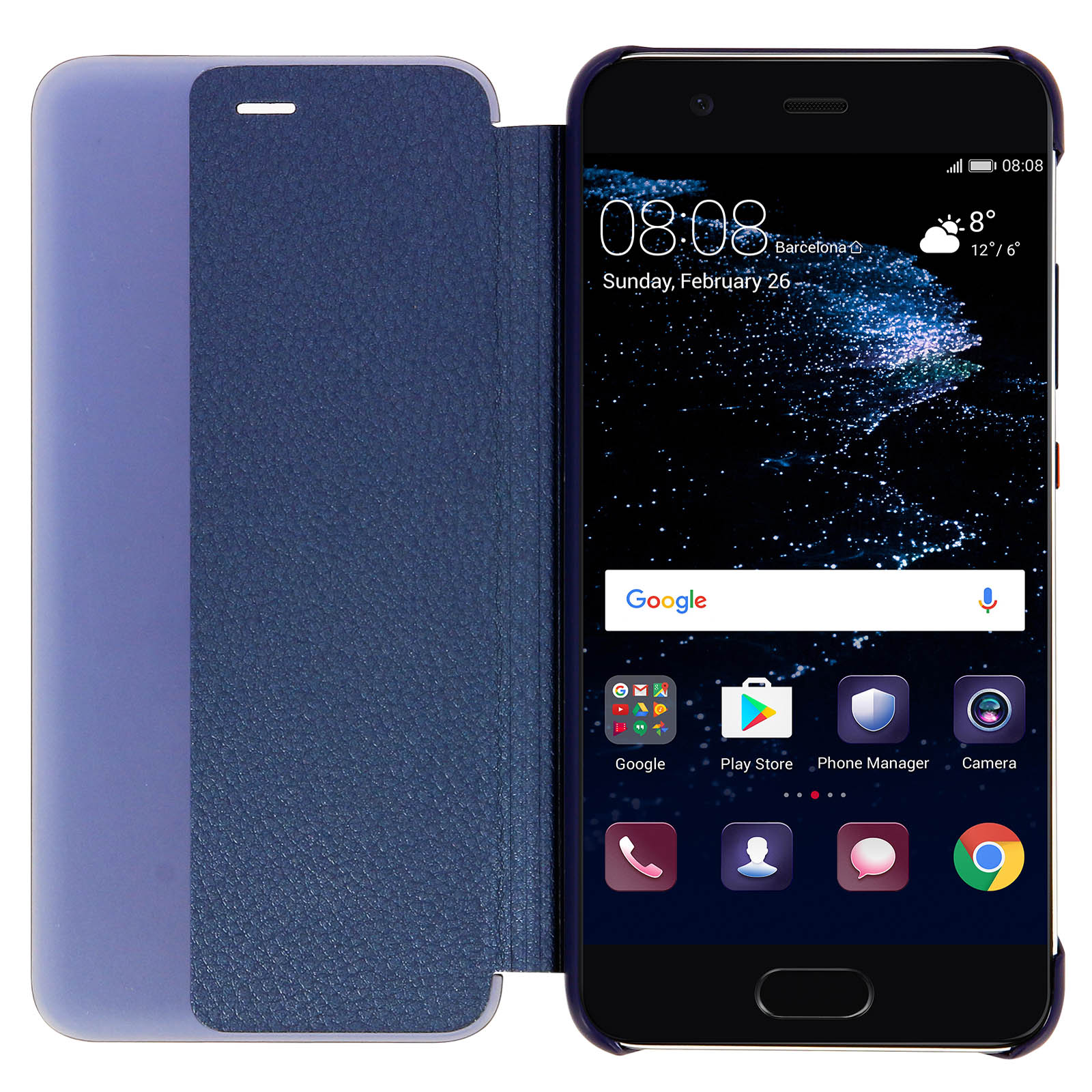 Ein Telefon mit blauer Hülle ist geöffnet und gibt den Bildschirm frei. Die Uhrzeit ist 08:08 und das Wetter wird angezeigt.