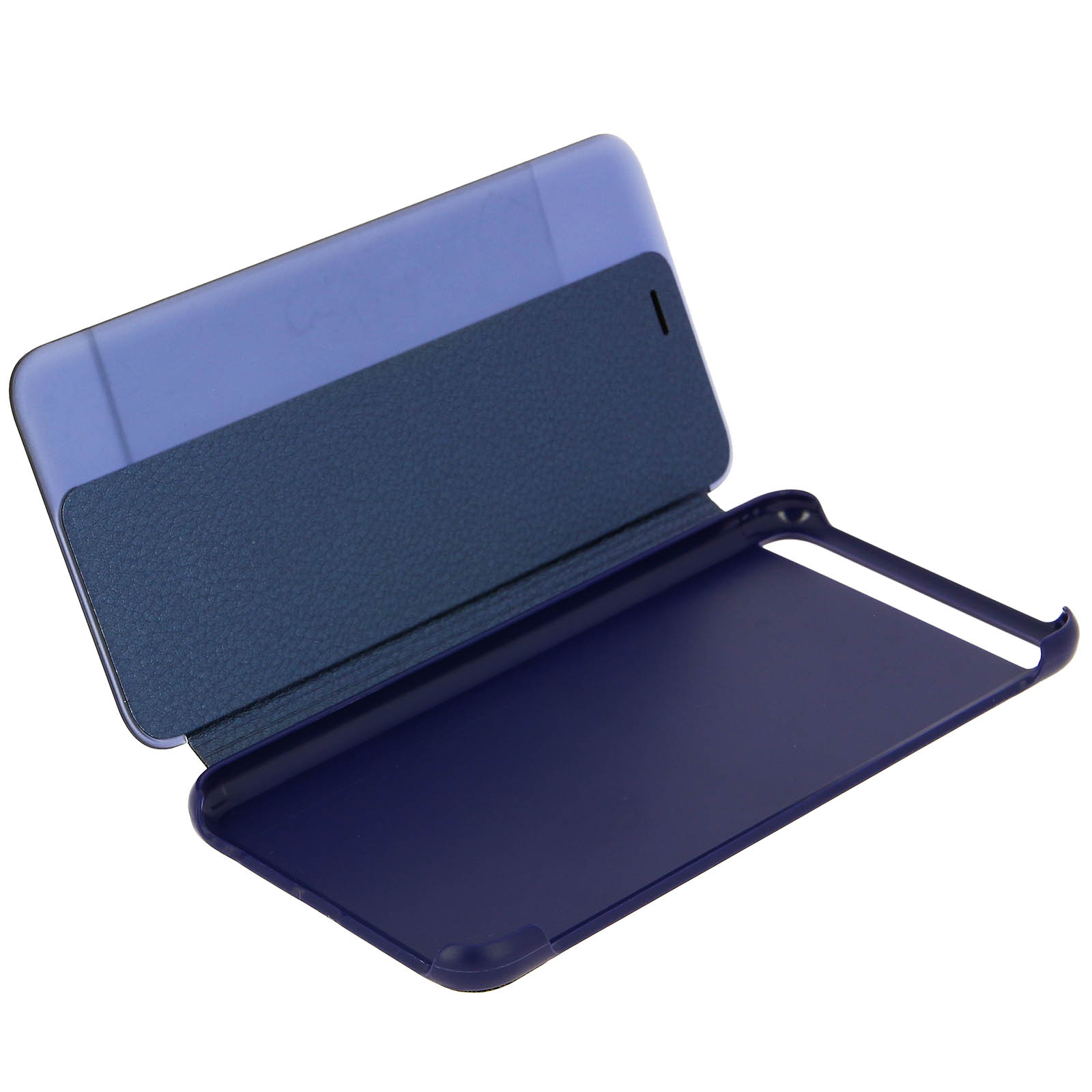 Blaue Handyhülle offen. Blaue Front und Innenseite. Weißer Hintergrund.
