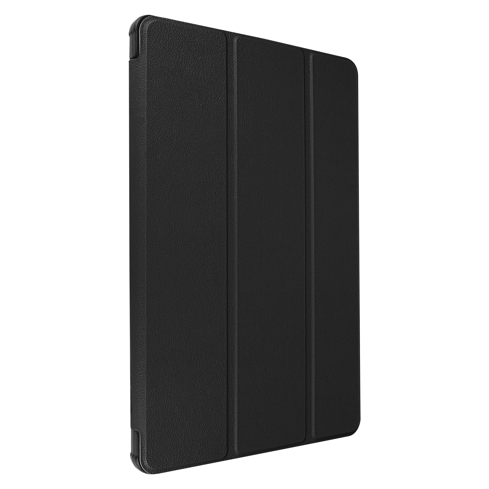 Custodia per tablet nera, chiusa, con superficie strutturata. Composizione verticale, centrata.