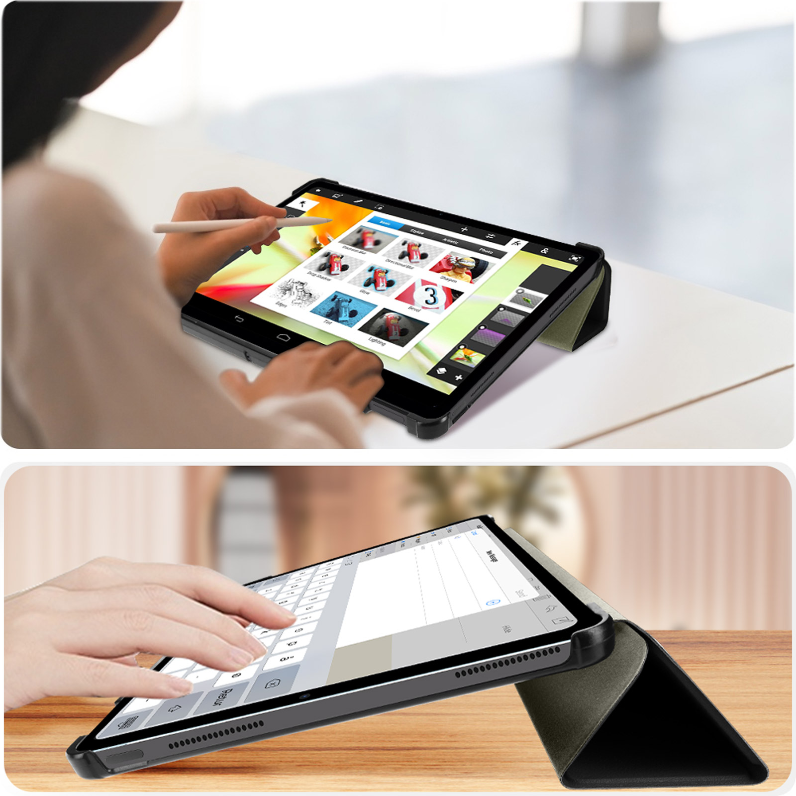 Mani usano un tablet con stilo e tastiera. Sono presentate due angolazioni.