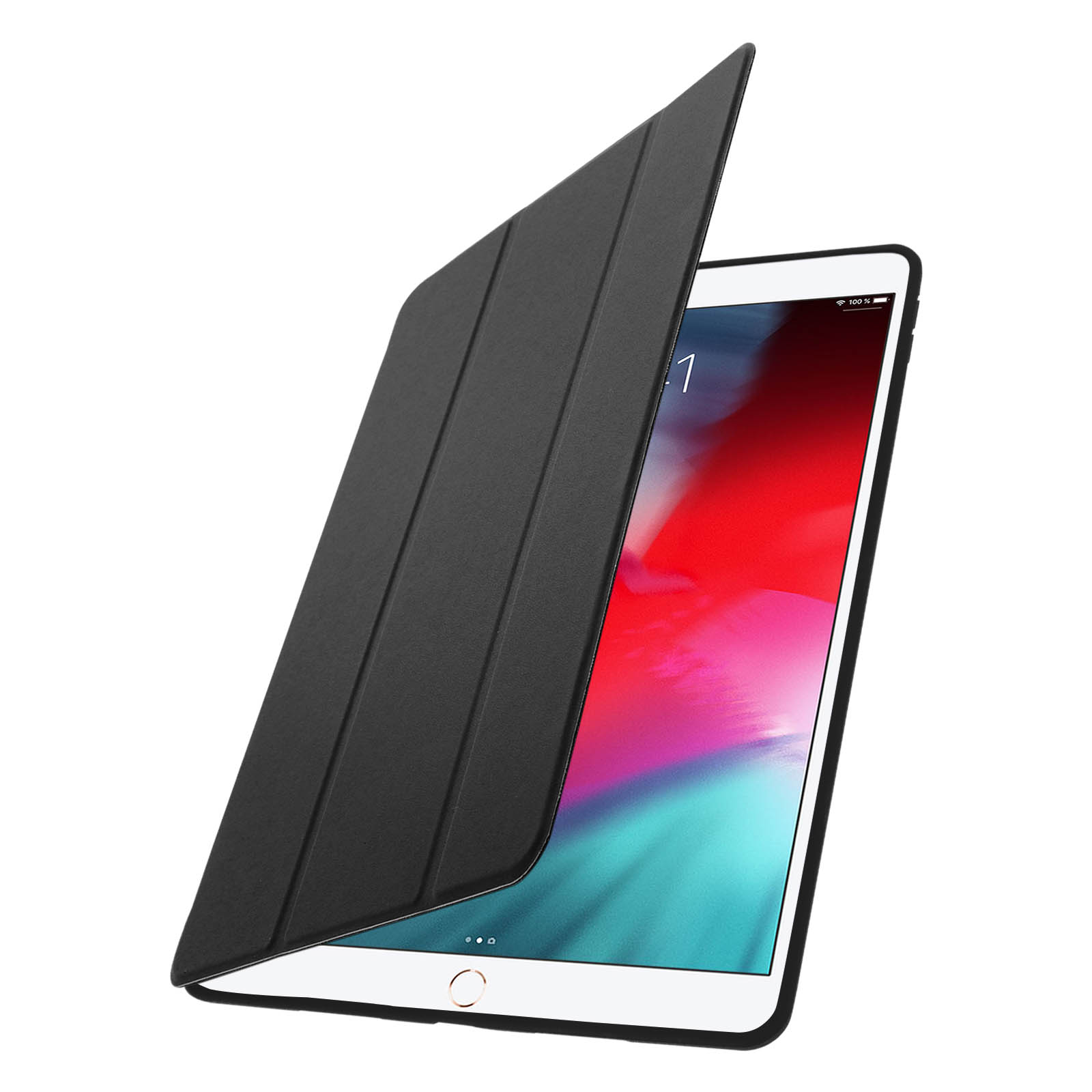 Un iPad nero all'interno di una custodia nera. La custodia è parzialmente aperta.