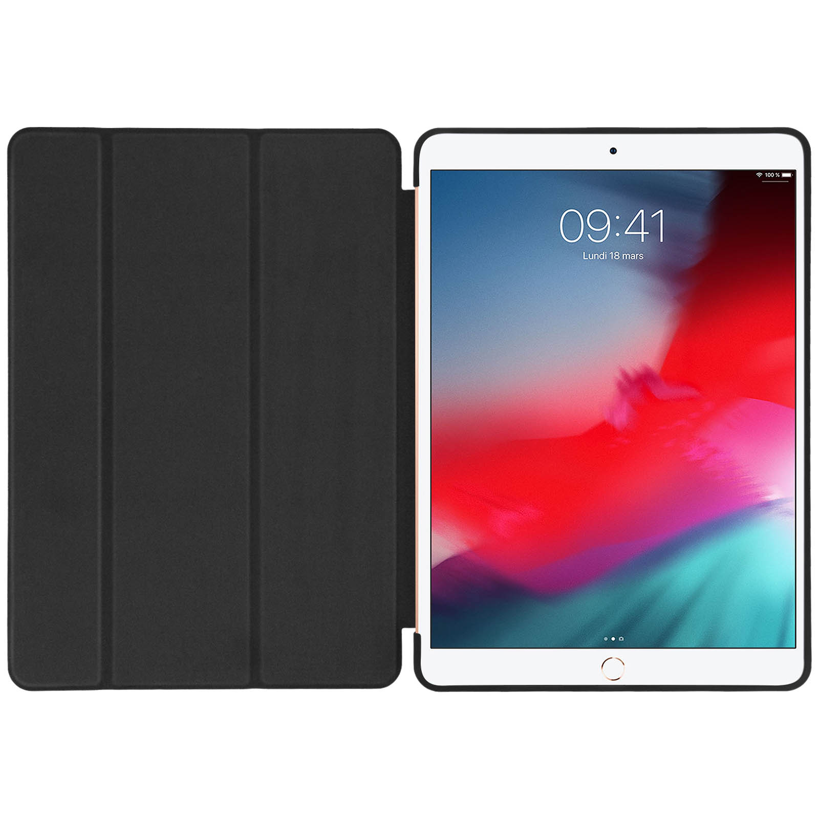 Custodia per tablet nera aperta con tablet bianco all'interno. L'ora sul tablet è 09:41.