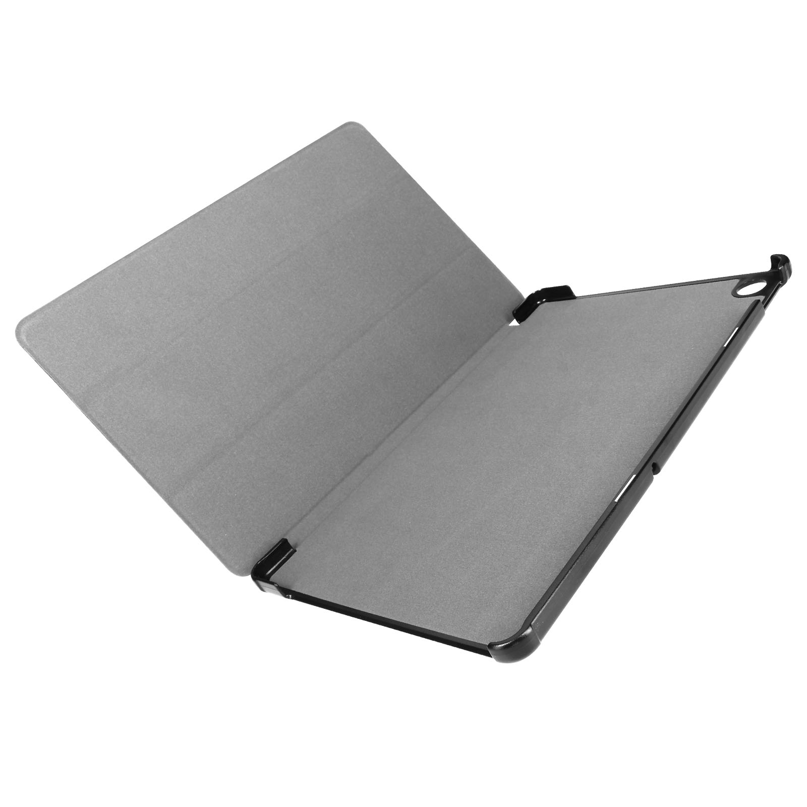Una custodia per tablet grigio chiaro è aperta. La custodia è su sfondo bianco. La custodia ha una cornice nera.