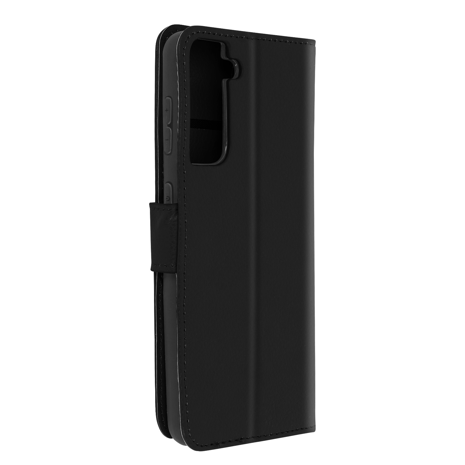 Custodia per telefono nera, stile portafoglio, aperta per mostrare telefono e fessure per carte.