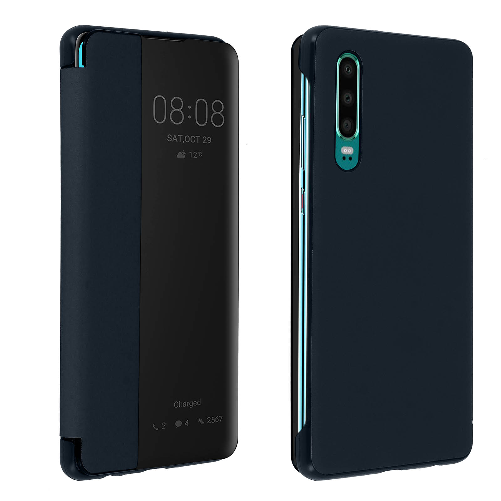 Custodia per telefono blu scuro, aperta, che mostra il telefono e un display dello schermo.
