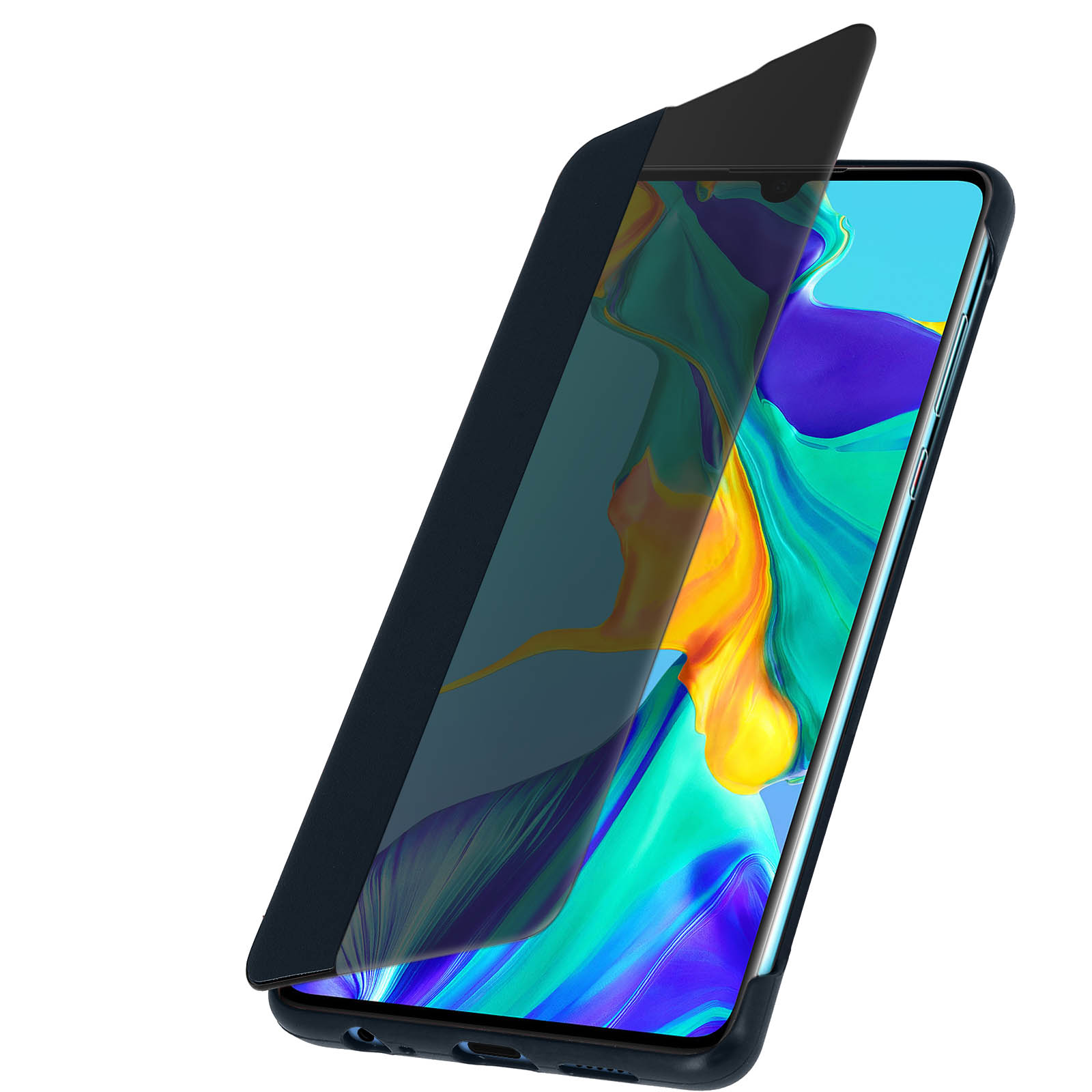 Un telefono con custodia blu scuro è angolato, con la cover aperta, rivelando lo schermo.