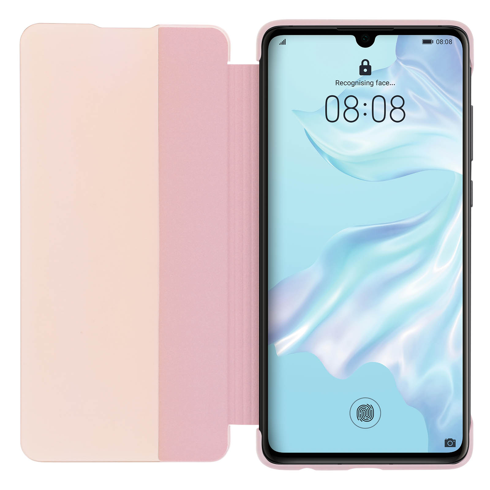 Rosa Handyhülle mit Handy darin. Der Bildschirm zeigt 08:08 und ein Fingerabdrucksymbol.