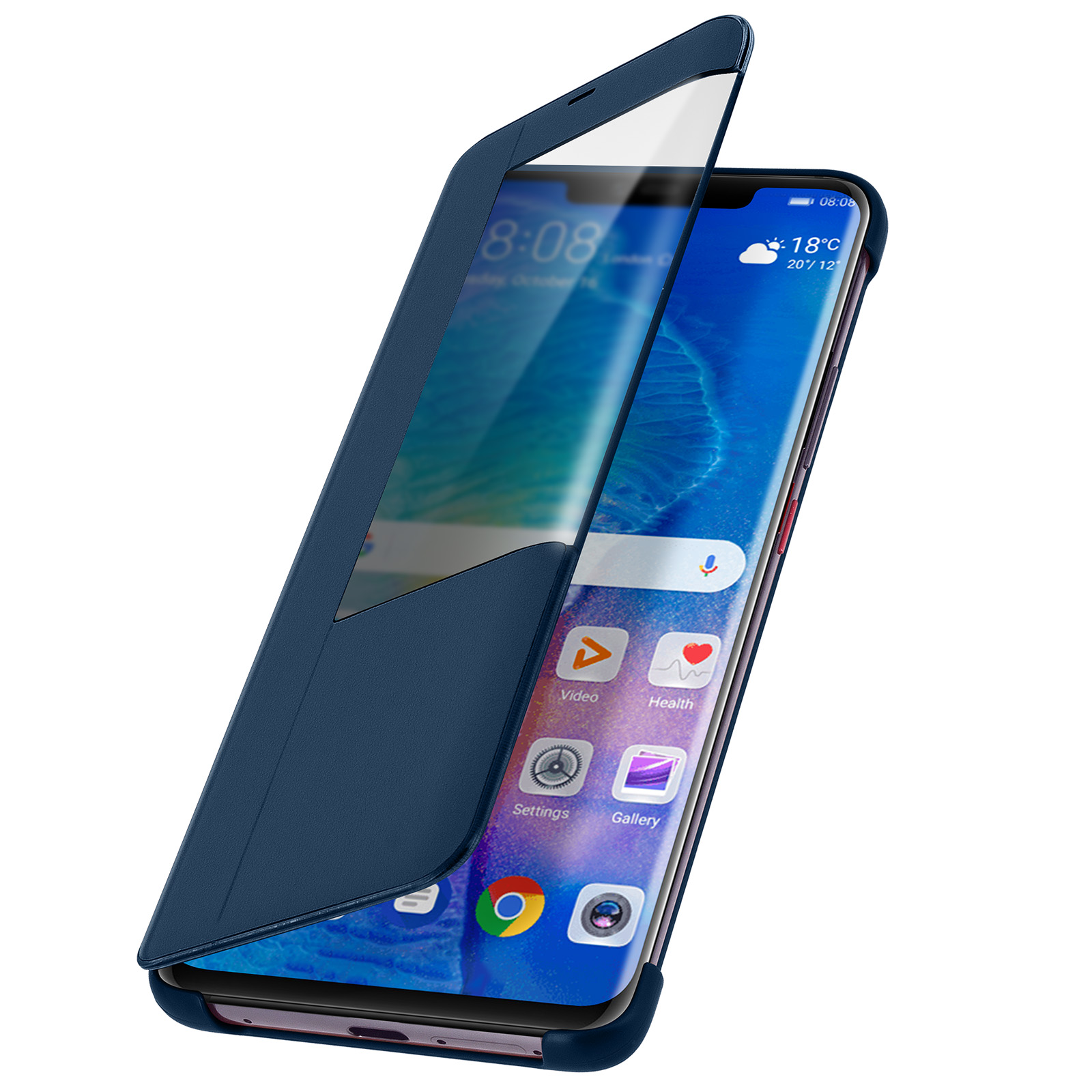 Custodia blu per telefono con telefono all'interno, che mostra lo schermo. Sfondo bianco.