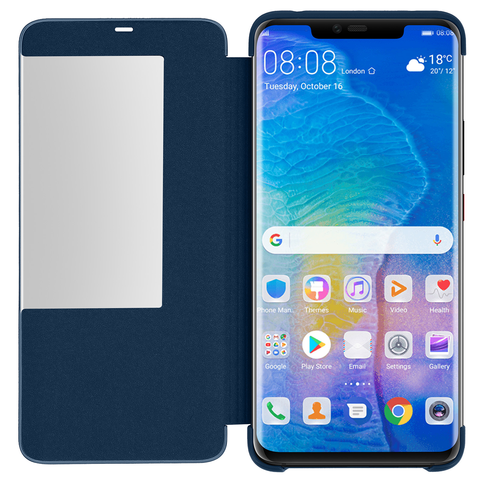Una custodia blu per telefono con uno schermo che mostra l'ora e le app.