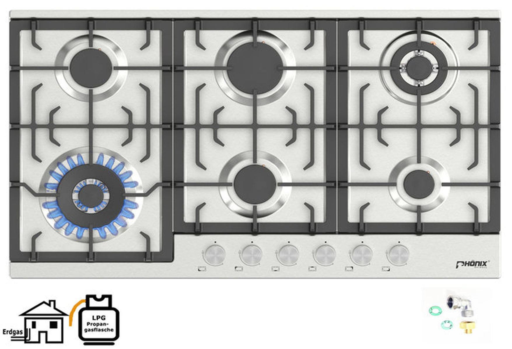 Silberner Gasherd mit 5 Brennern und Bedienknöpfen. Blaue Flamme im linken Brenner.