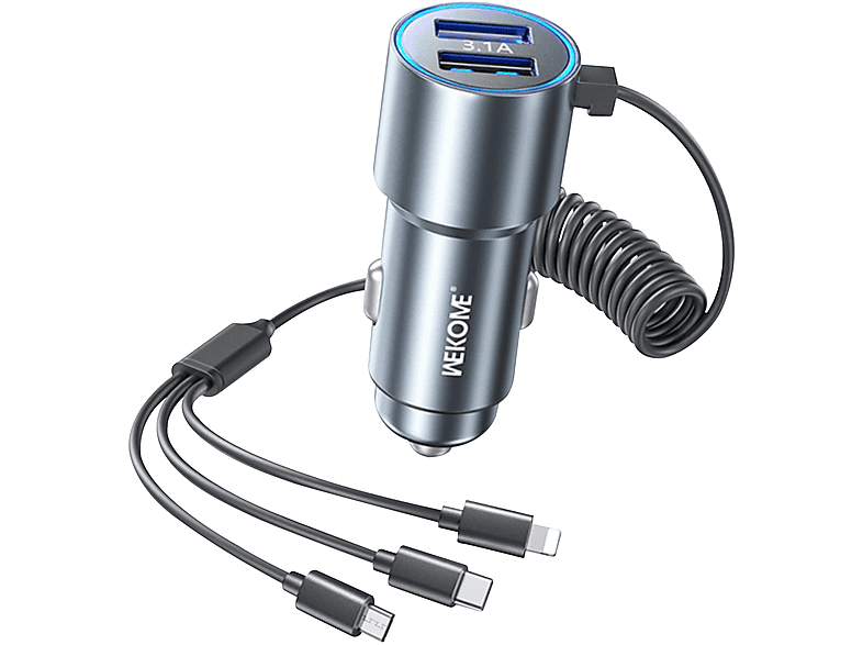 AVIZAR 2x KFZ-Ladegeräte und Kabel Silber Universal, 3-in-1 USB