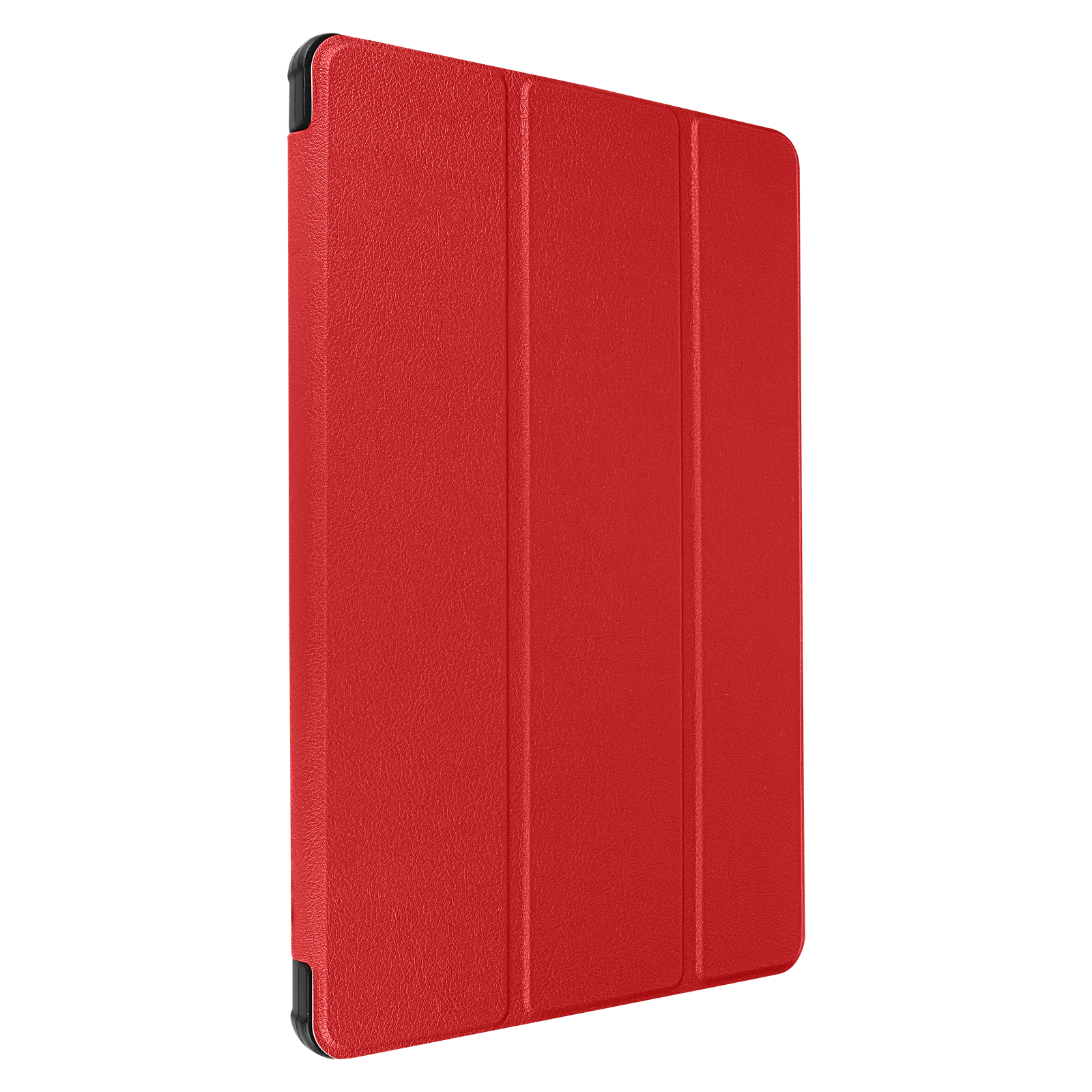 Custodia per tablet rossa. Chiusa, superficie strutturata. Bordi neri. Sfondo bianco.