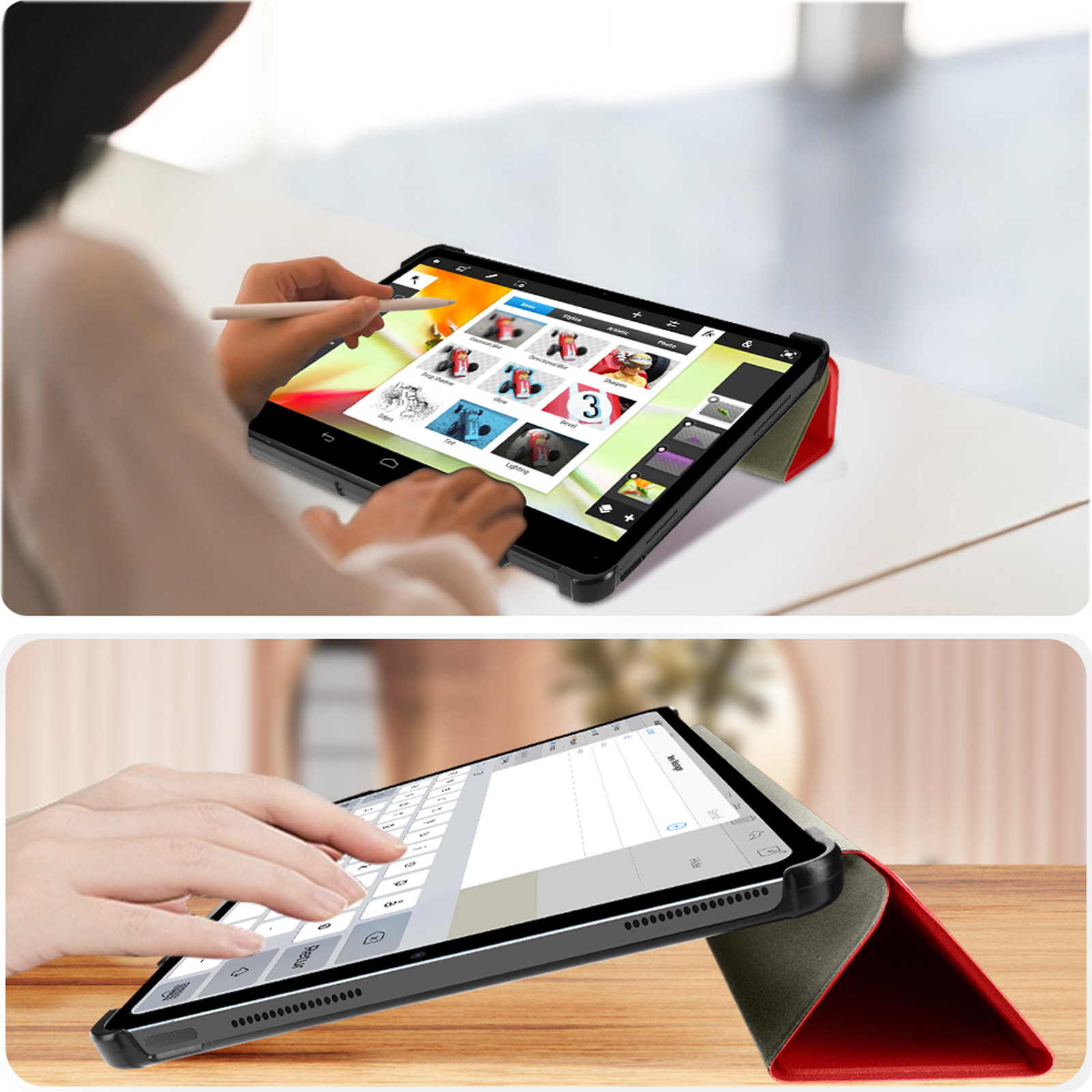 Mani usano un tablet con stilo e tastiera. Sono presentate due angolazioni.