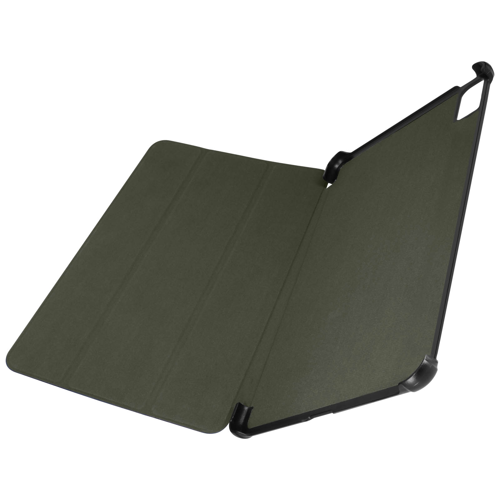 Custodia per tablet verde, aperta, con tablet all'interno. Sfondo bianco.
