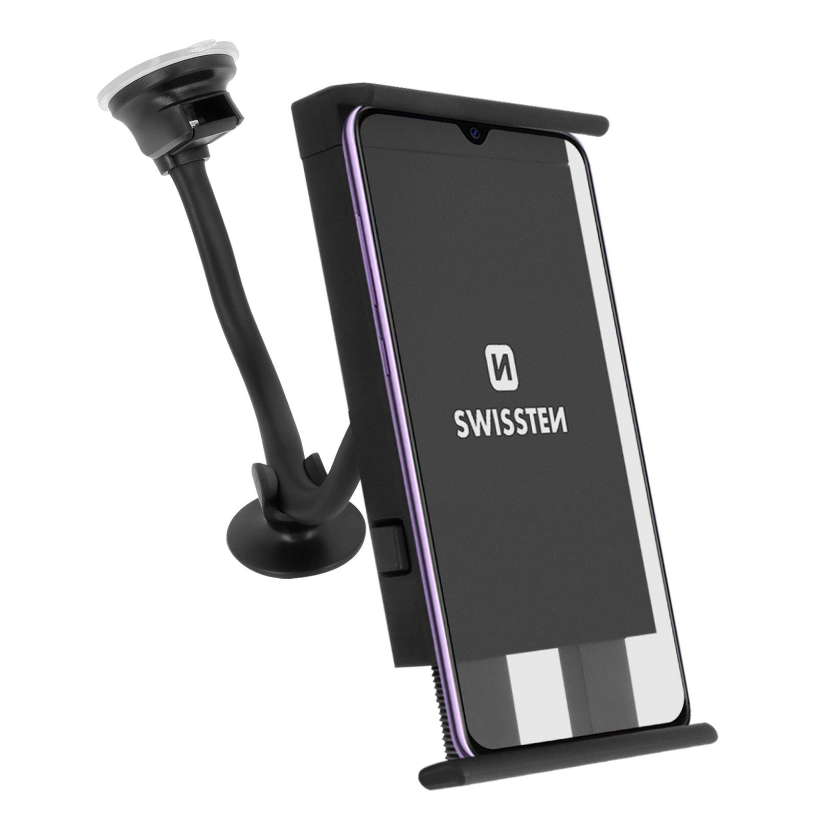 Telefonhalter mit Saugnapf und installiertem Telefon. Die Marke ist SwissTev.