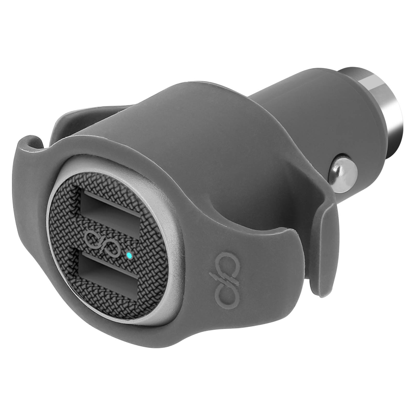 Ein graues Autoladegerät mit zwei USB-Anschlüssen auf weißem Hintergrund.
