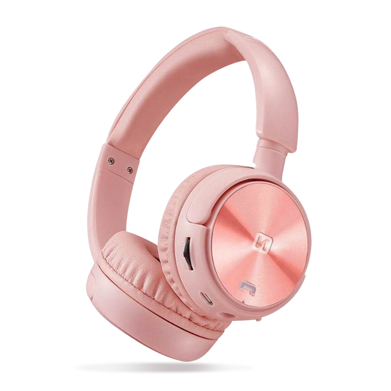 Roze koptelefoon op een witte achtergrond. De koptelefoon heeft een afgerond ontwerp.