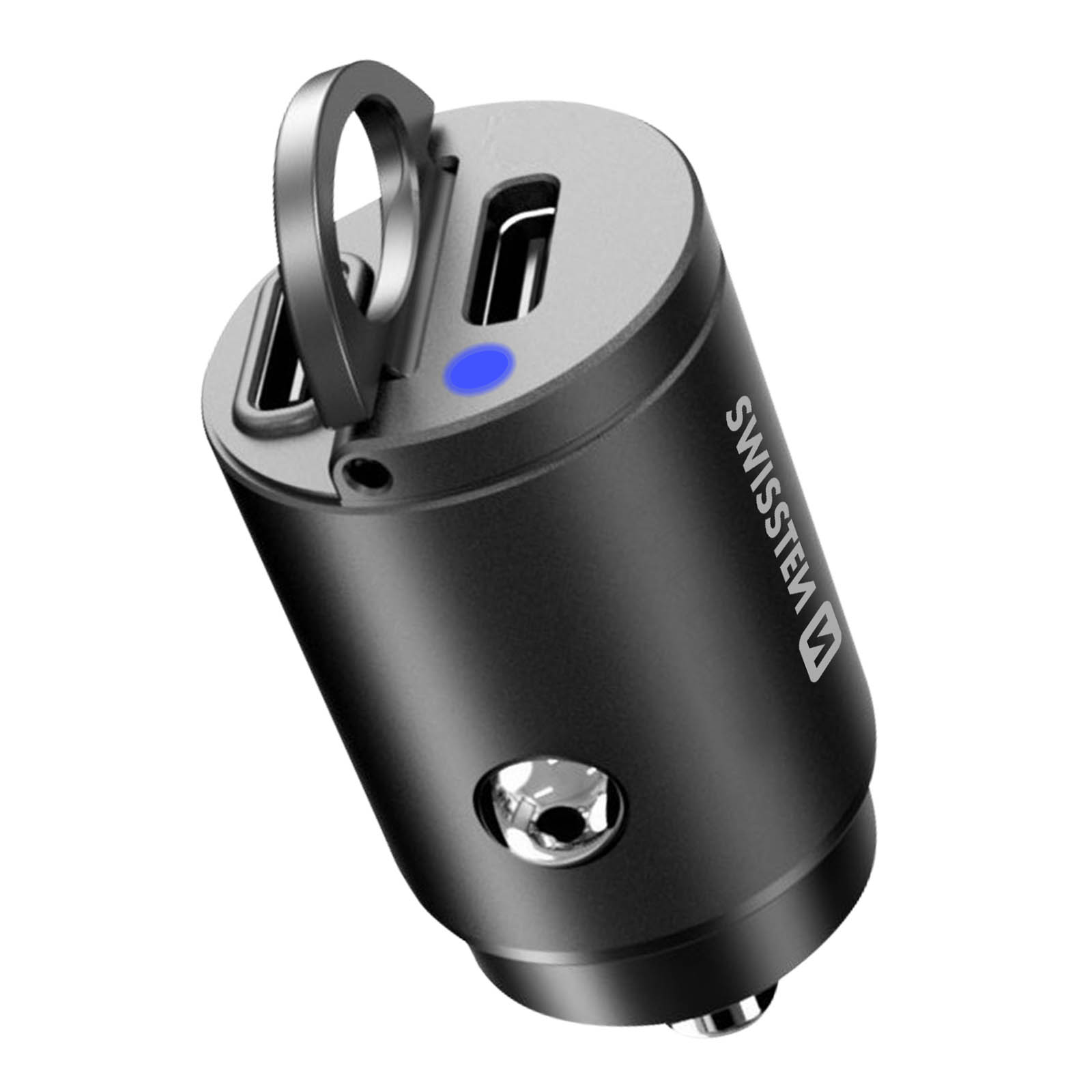Schwarz-silbernes Autoladegerät mit zwei USB-Anschlüssen und blauem Licht.