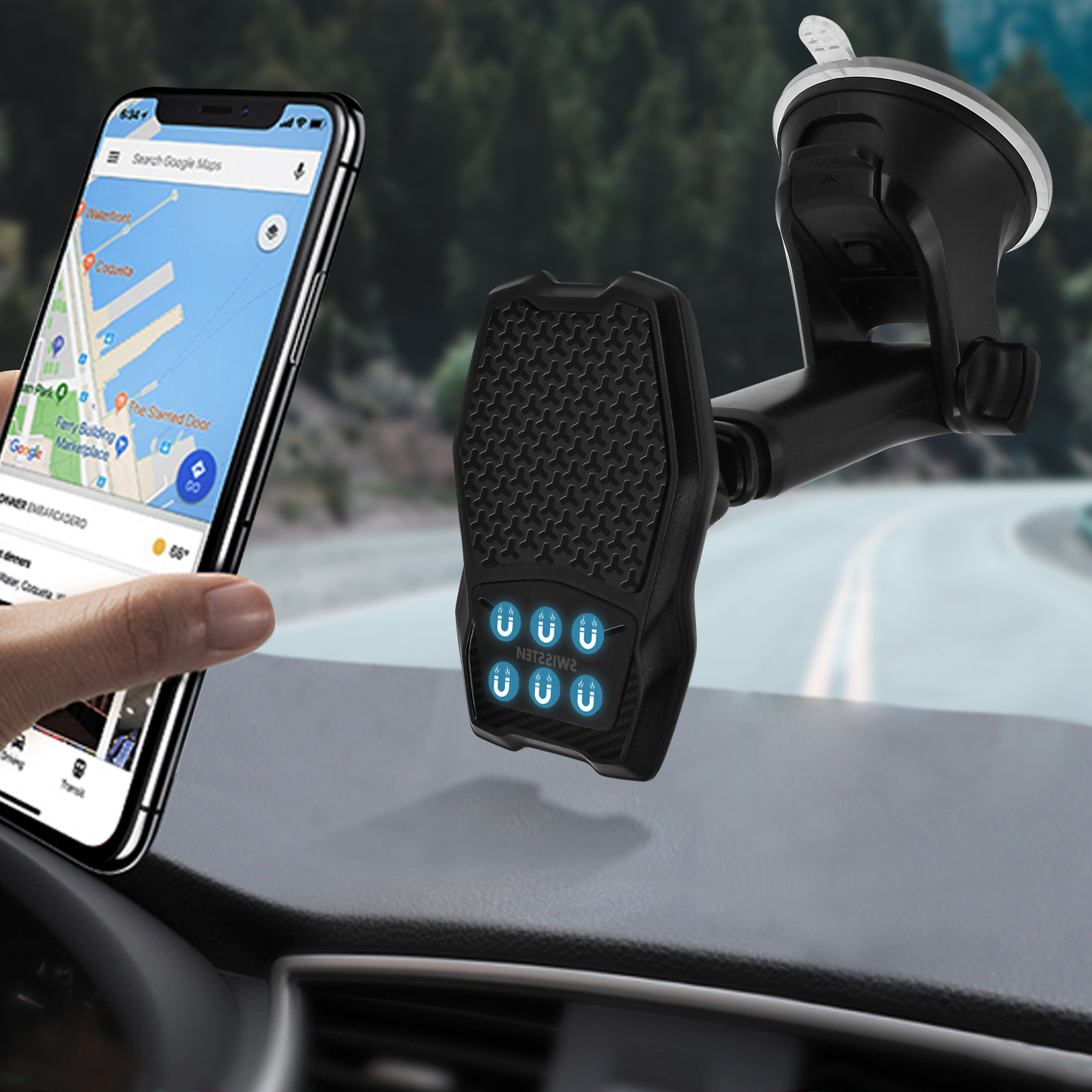 Hand hält Telefon in Autohalterung. Telefon zeigt Karte. Hintergrund: Stadt, Auto-Innenraum.