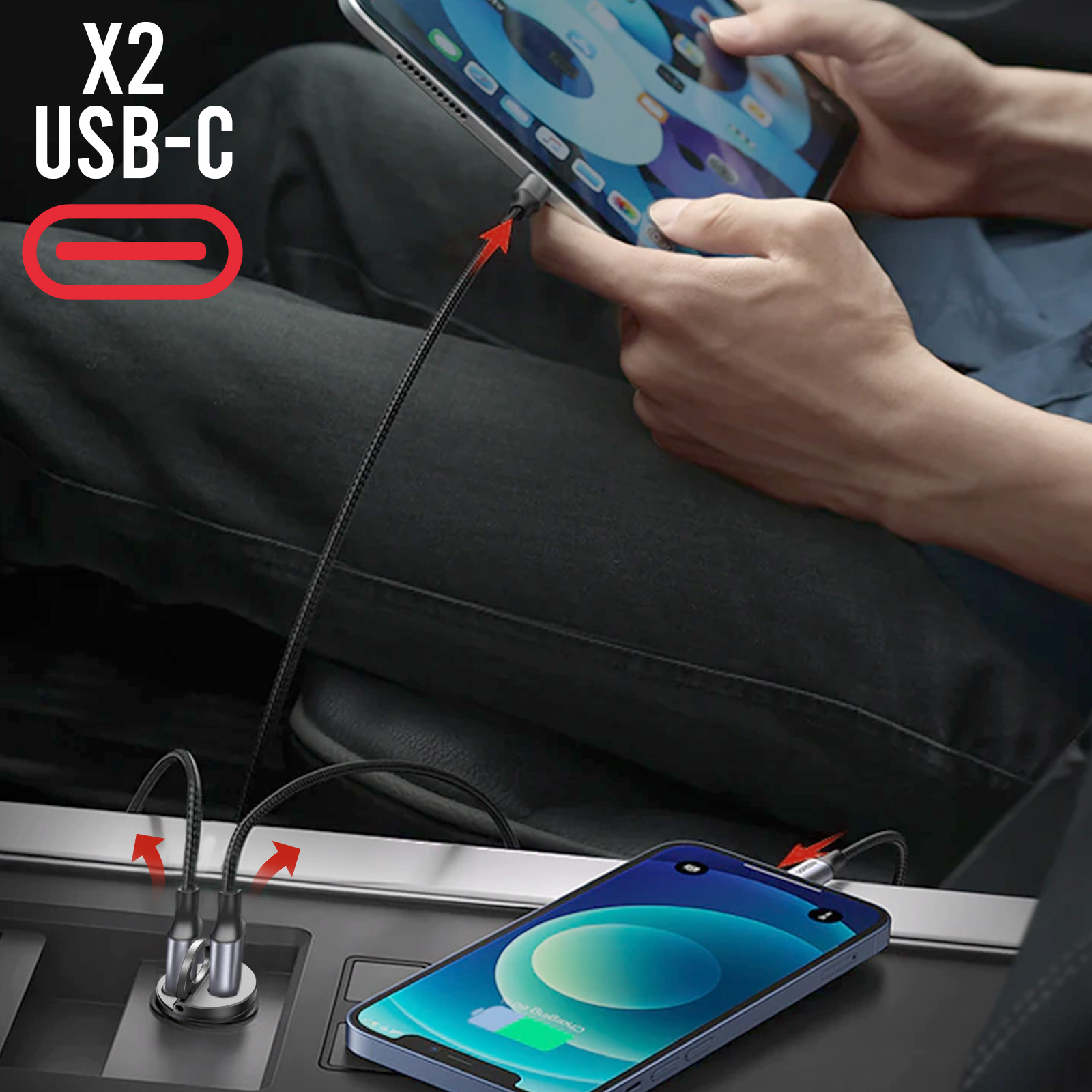 Telefon und Tablet laden im Auto. USB-C-Kabel sind mit den Geräten verbunden.
